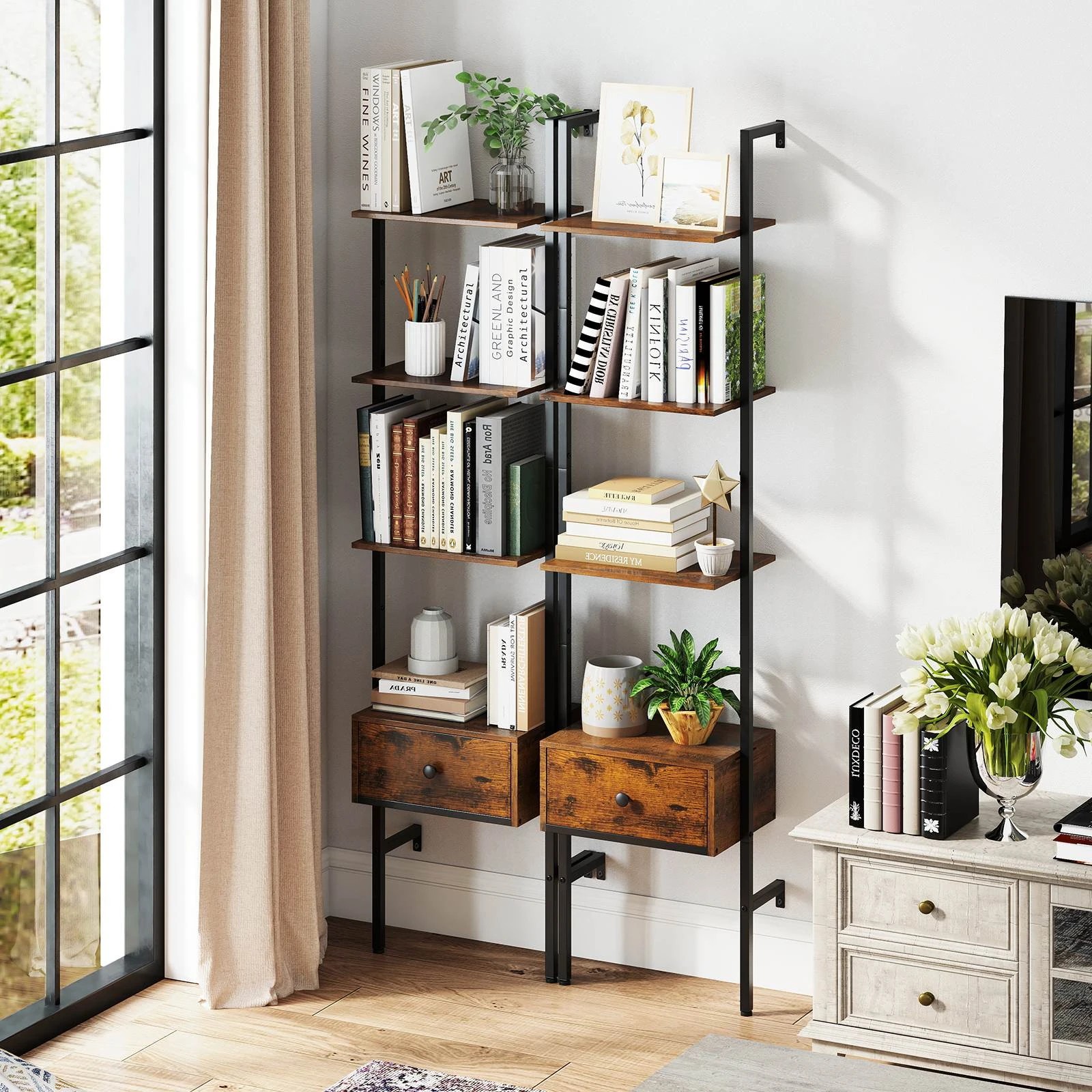 3 Costway 5-Tier Ladder Bookcase w/Drawer Tall Wall-Mounted Bookshelf Open Display Shelf Storage - Brown, 3 of 5