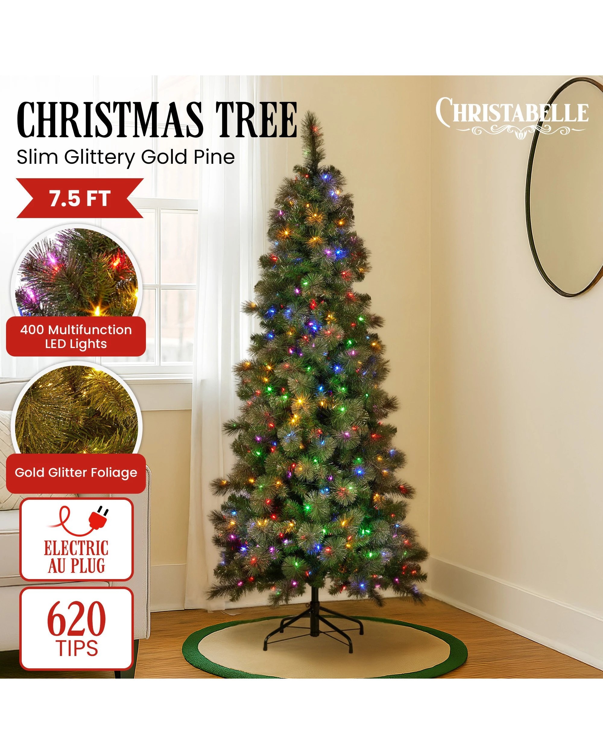 2 Christabelle 7.5ft Christmas Tree Slim Glittery Gold Pine Led Lights Xmas Decor, 2 of 6