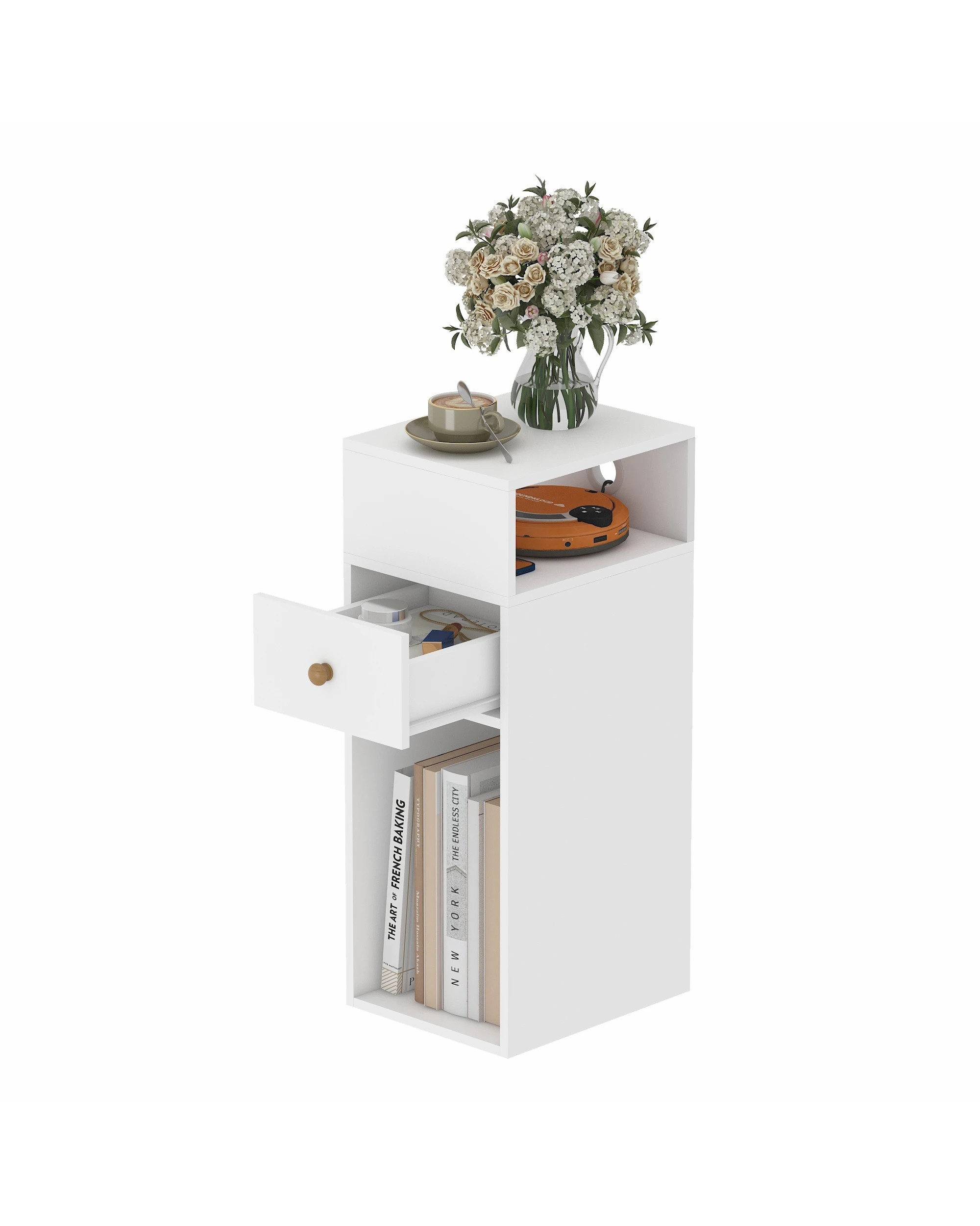 6 Ufurniture 2PCS Wooden Side Table w/ Cable Port Narrow End Table Drawer & Shelf - White, 6 of 7