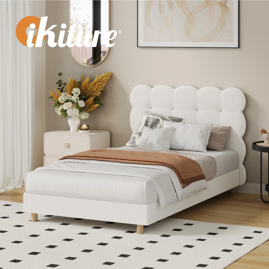 5 Oikiture Bed Frame King Single Tufted Bedhead Boucle Fabric - White, 5 of 9