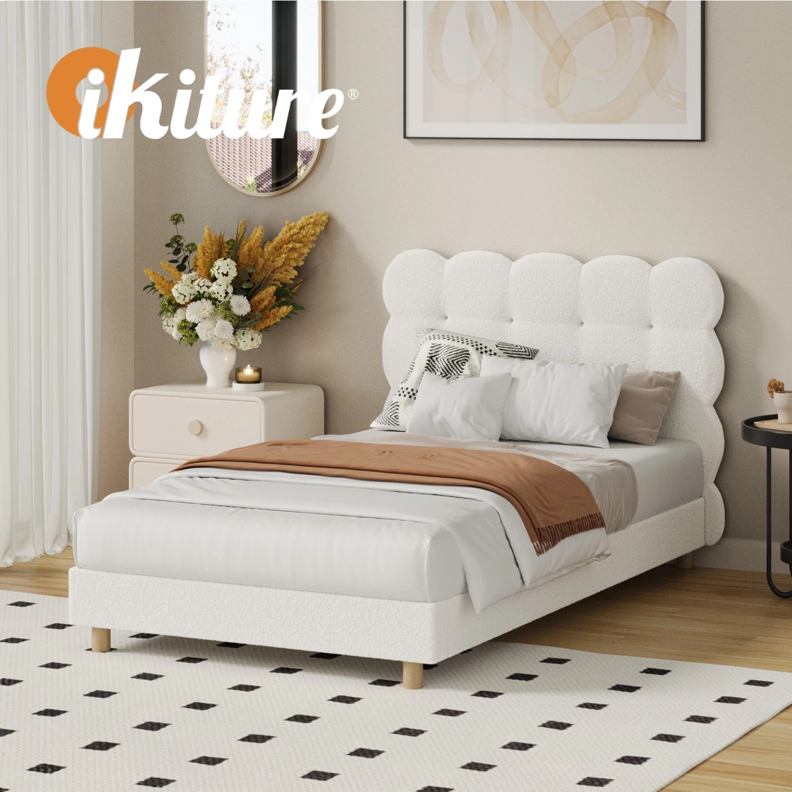 5 Oikiture Bed Frame King Single Tufted Bedhead Boucle Fabric - White, 5 of 9