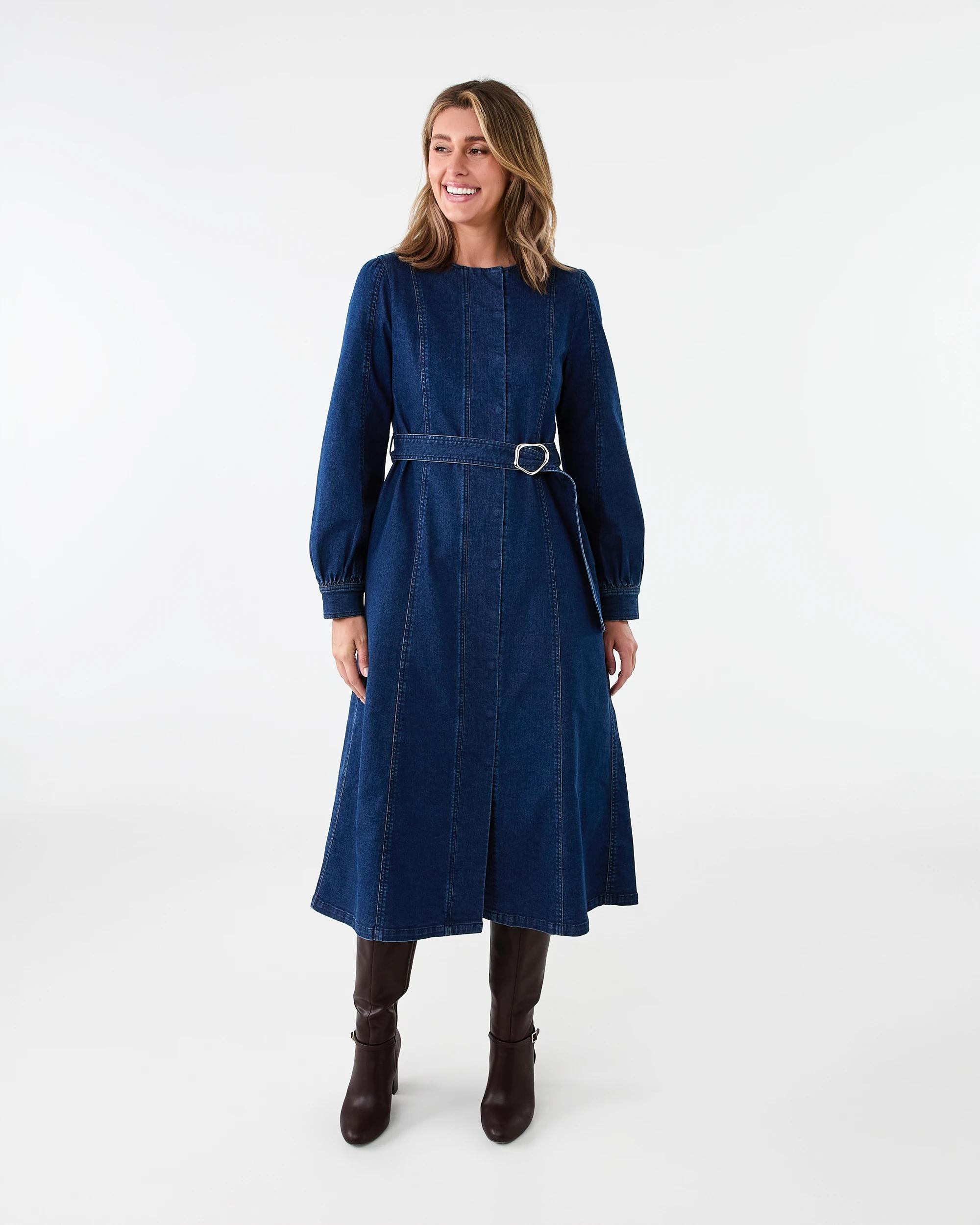 1 Long Sleeve Denim Belted Midi Dress Indigo Wsh, 1 of 7