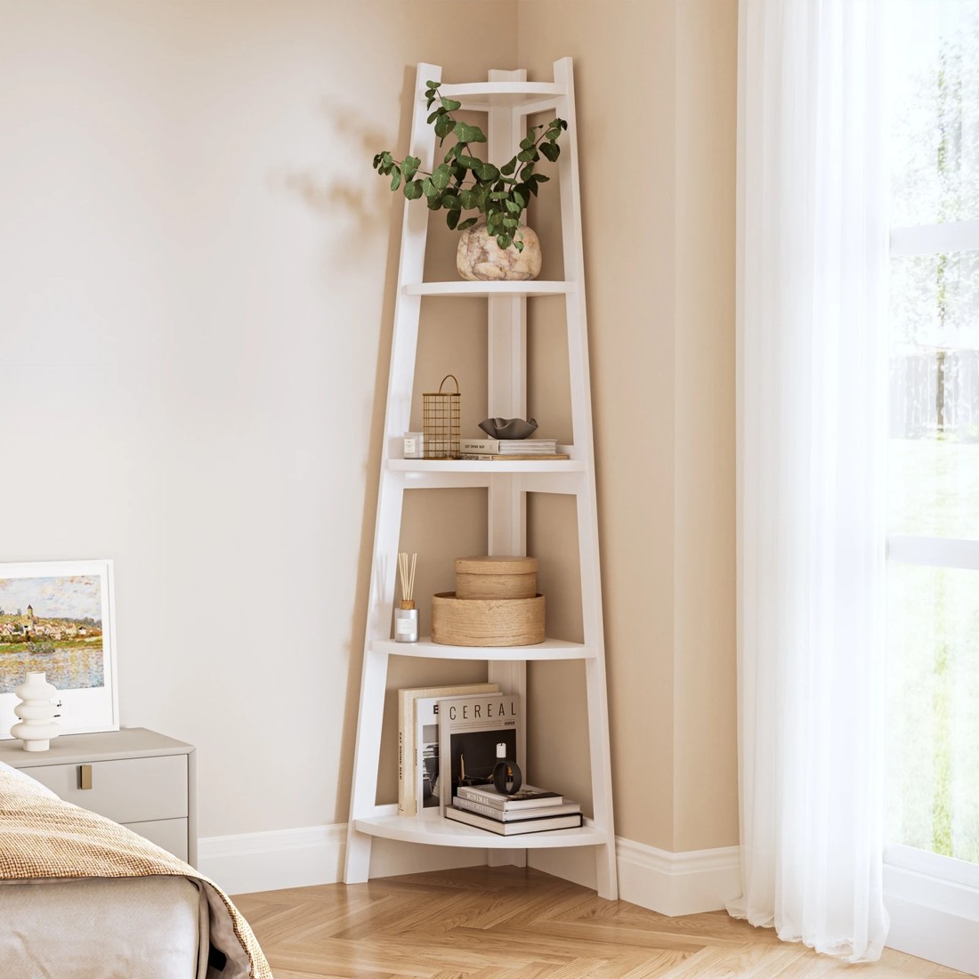 3 Oikiture Corner Ladder Shelf 5 Tier Home Storage Display Stand Bookshelf
 - White, 3 of 9