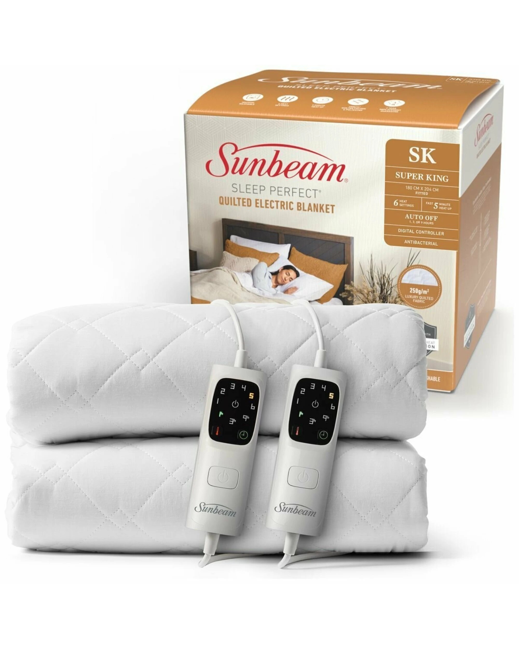 3 Sunbeam Sleep Perfect Quilted Anti Bacterial Super King Heated Blanket, 3 of 5