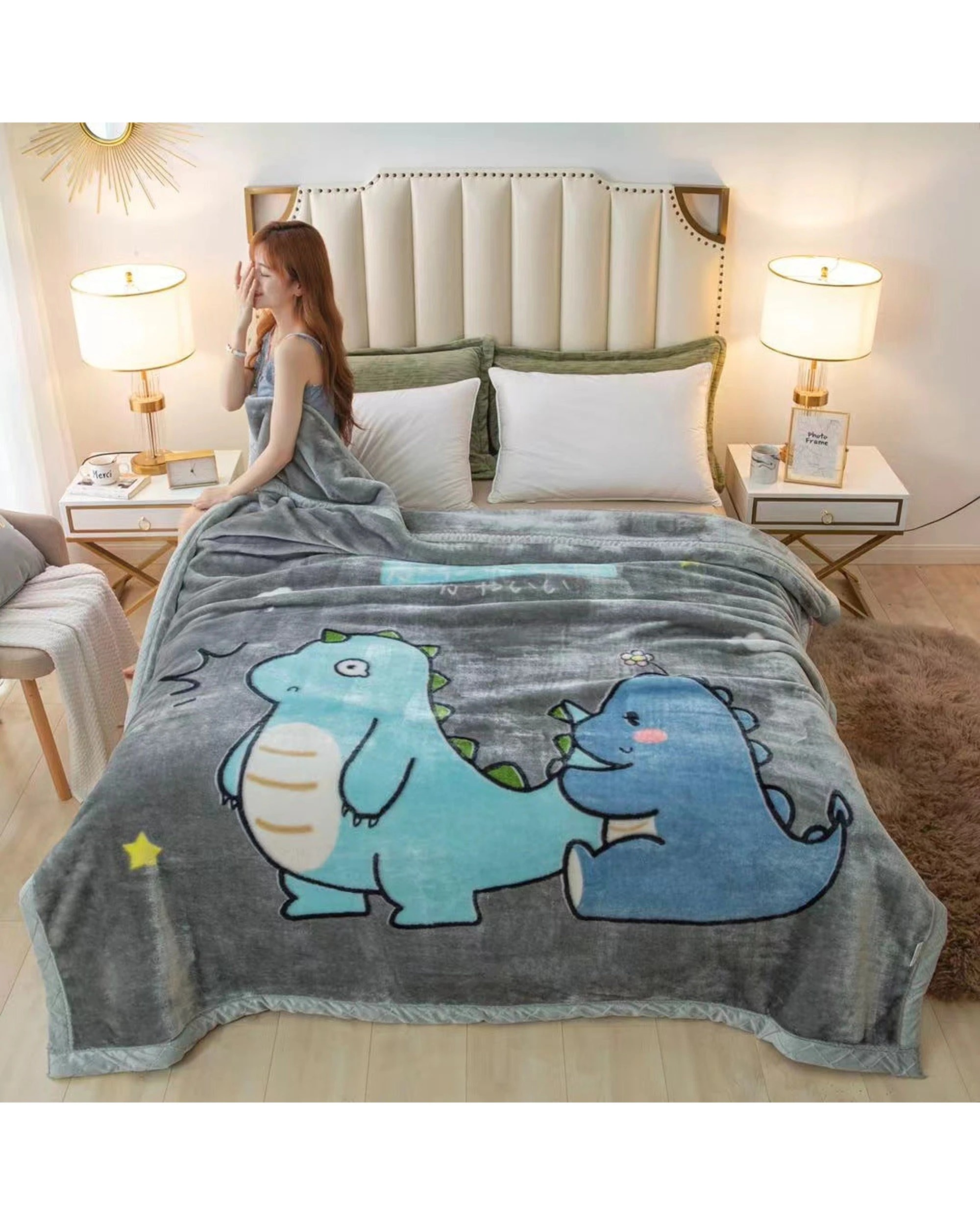 2 Cotton More Large Ultimate Sherpa Blanket Plush Throw Dino 200x230cm - Grey, 2 of 3