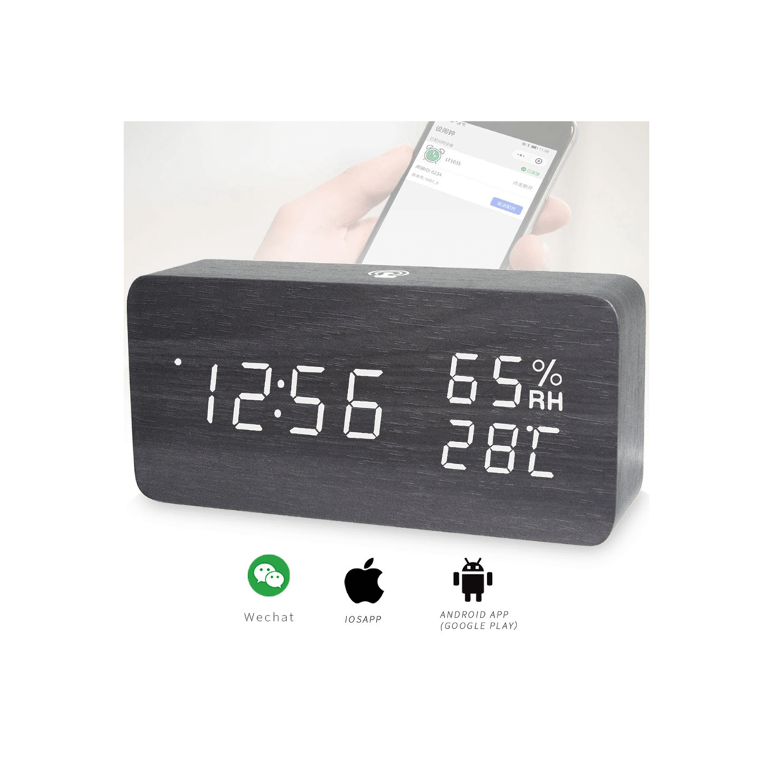 2 TODO LED Digital Alarm Clock Rechargeable Woodgrain USB Android iOS Control APP - Black, 2 of 2