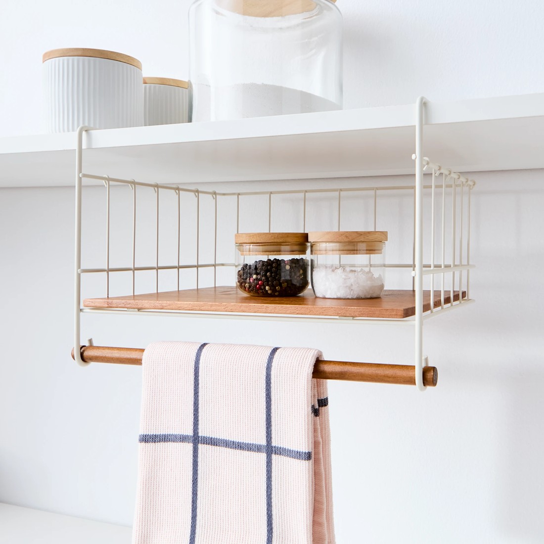 1 Off White and Acacia Undershelf Basket, 1 of 6