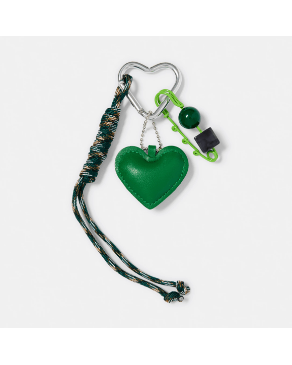 PU Heart Bead Charm Keyring - Green and Silver Tone