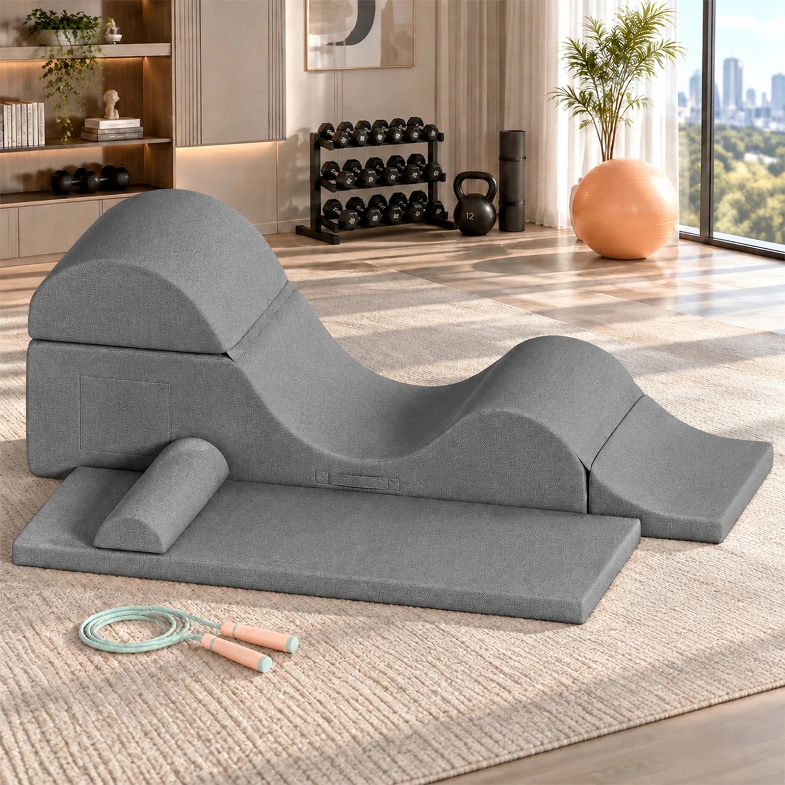 4 Advwin Convertible Yoga Chair Chaise Lounge with Suede Cover Detachable Mat - Grey, 4 of 7