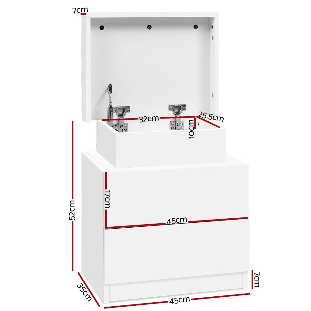 2 Artiss Bedside Table 2 Drawers Lift-up Storage - White, 2 of 5