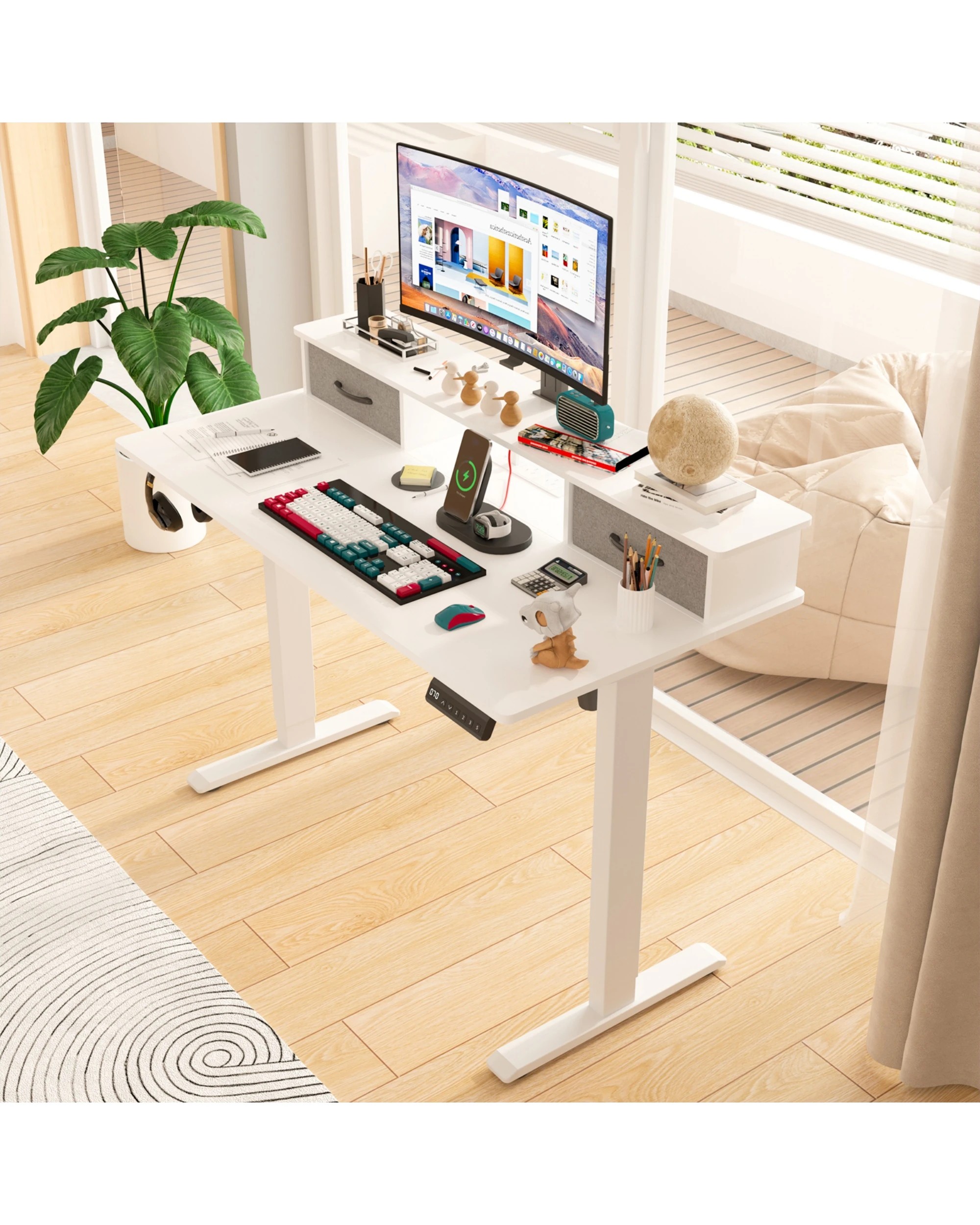 4 Advwin Electric Standing Desk Adjustable Height with Monitor Stand and 2 Drawers - White, 4 of 5