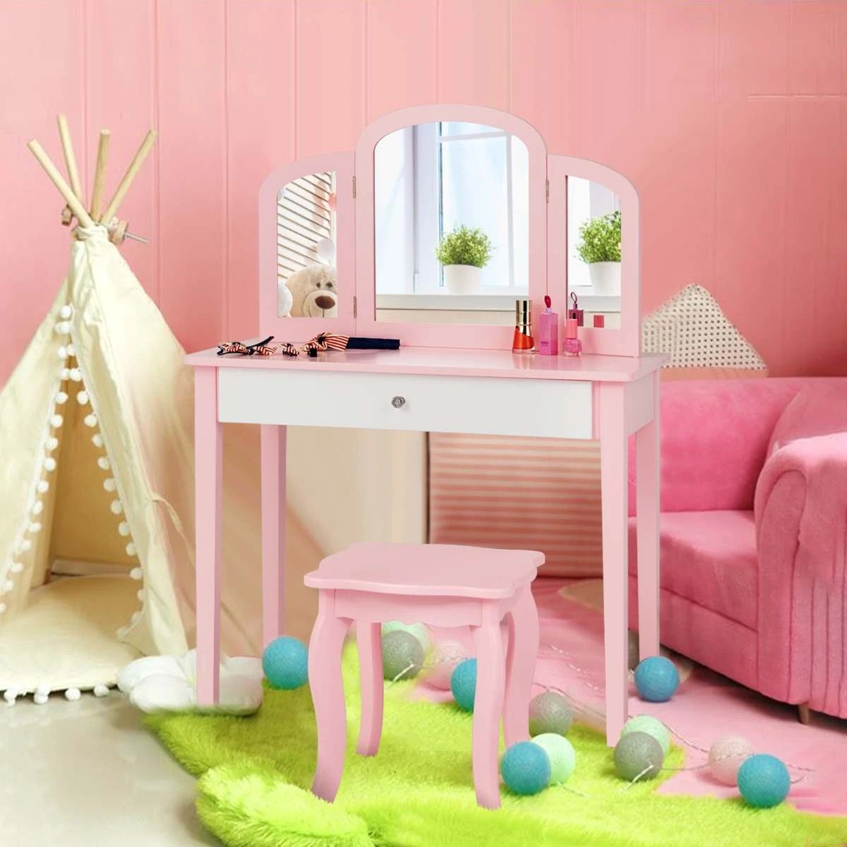 4 Costway Makeup Dressing Table Stool Set Folding Mirror Pink, 4 of 4