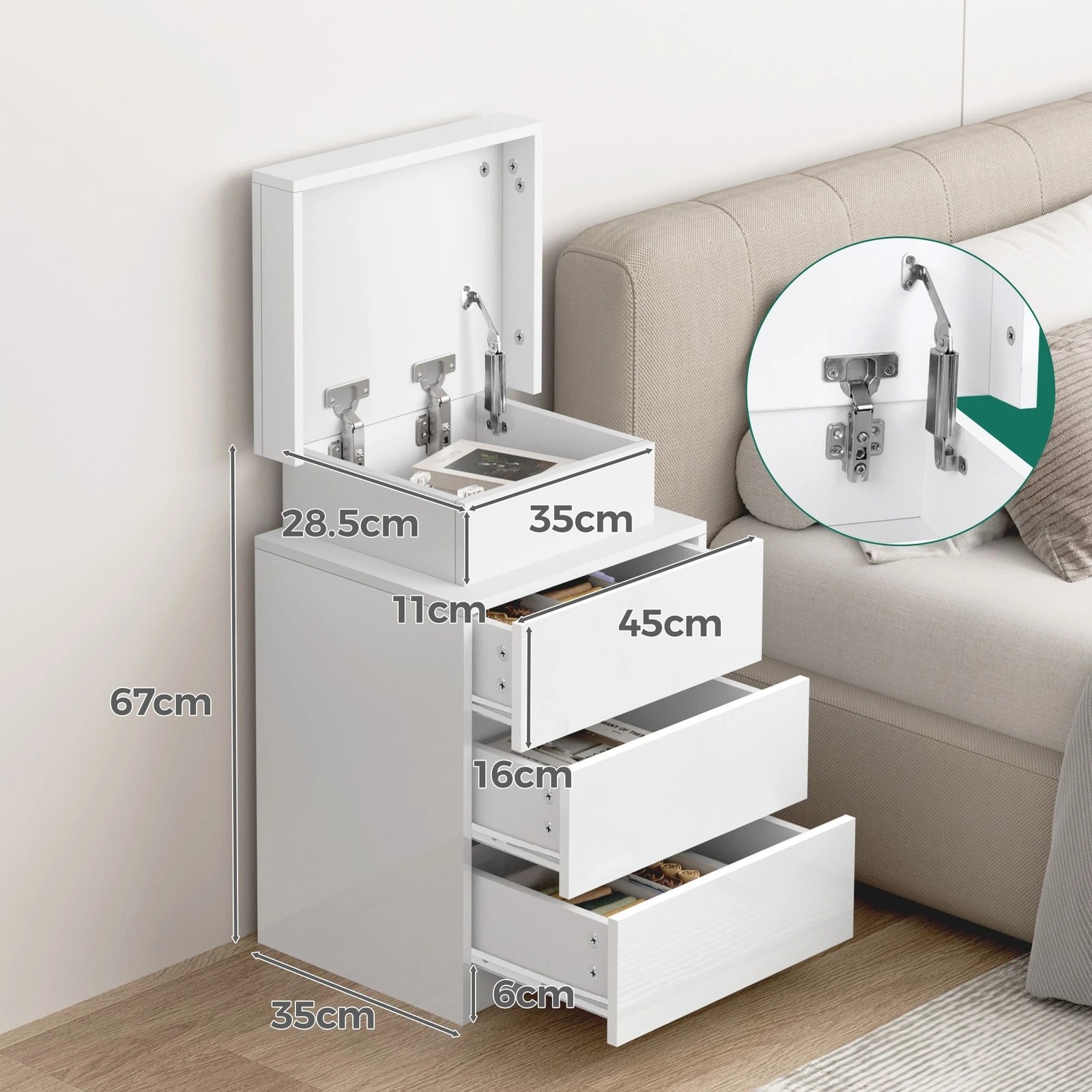 4 Alfordson Bedside Table RGB LED Nightstand 3 Drawers 4 Side High Gloss - White, 4 of 10