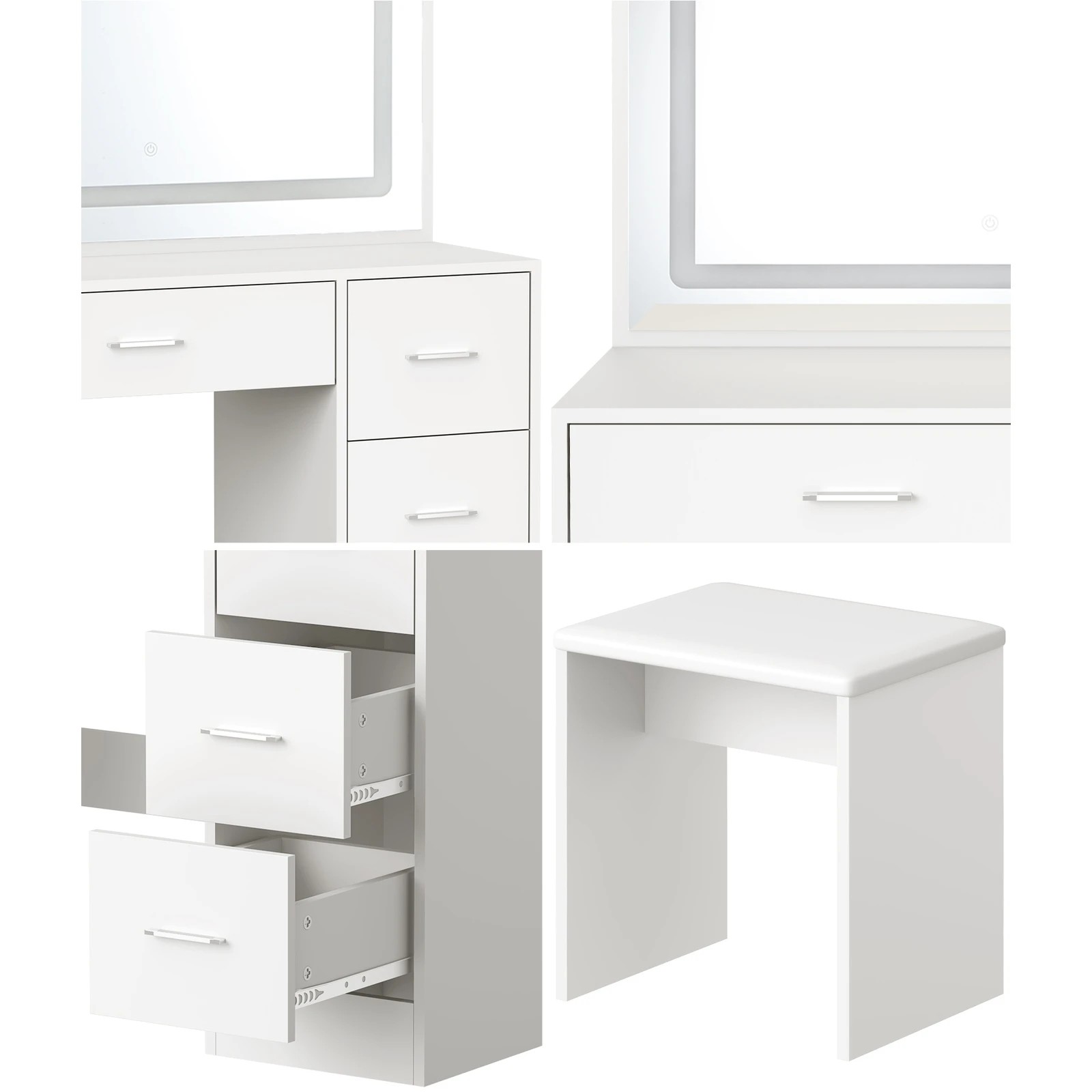 4 Oikiture Dressing Table Stool Set Large Makeup Mirror Led Light Vanity
 - White, 4 of 9