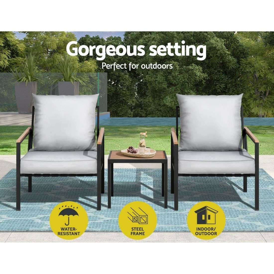 4 Gardeon 3PC Outdoor Furniture Bistro Set Lounge Setting Chairs Table Patio - Black, 4 of 6