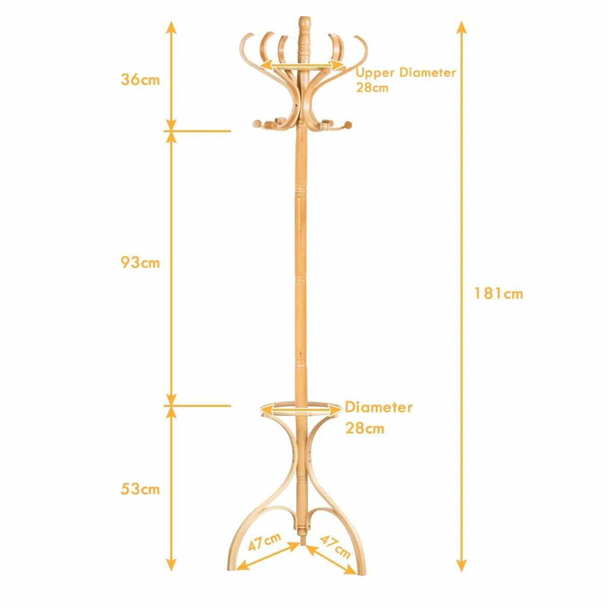 2 Costway 181CM Wood Coat Rack Hat Clothes Hanger w/Umbrellar Holder & 12 Hooks - Natural, 2 of 3