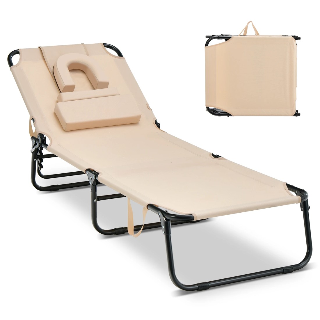 1 Costway Folding Beach Sun Lounger Adjustable 5-Position Chaise - Beige, 1 of 10