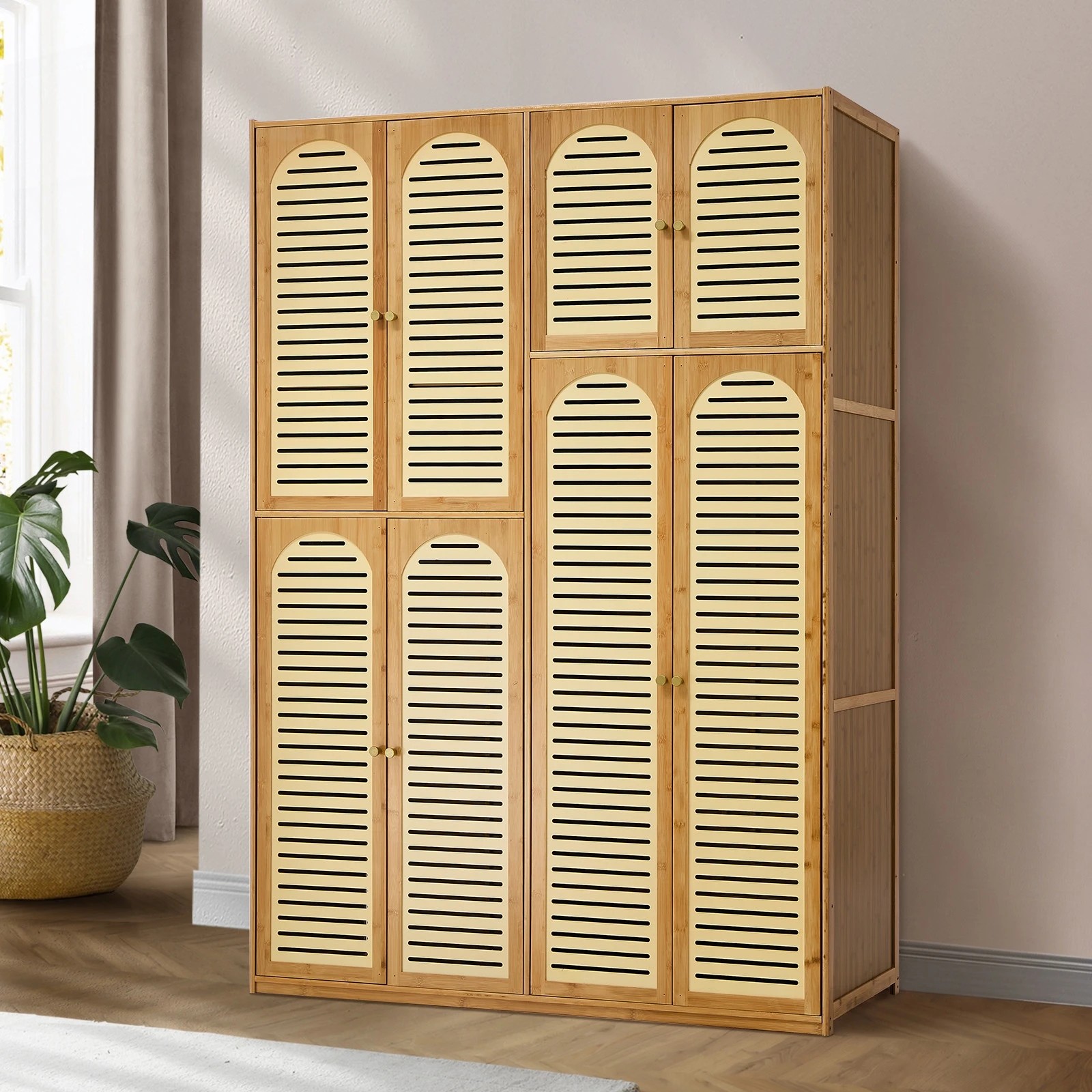 2 Oikiture Bamboo Wardrobe Large Clothes Storage Cabinet 8 Doors with 7 Shelves - Natural, 2 of 5
