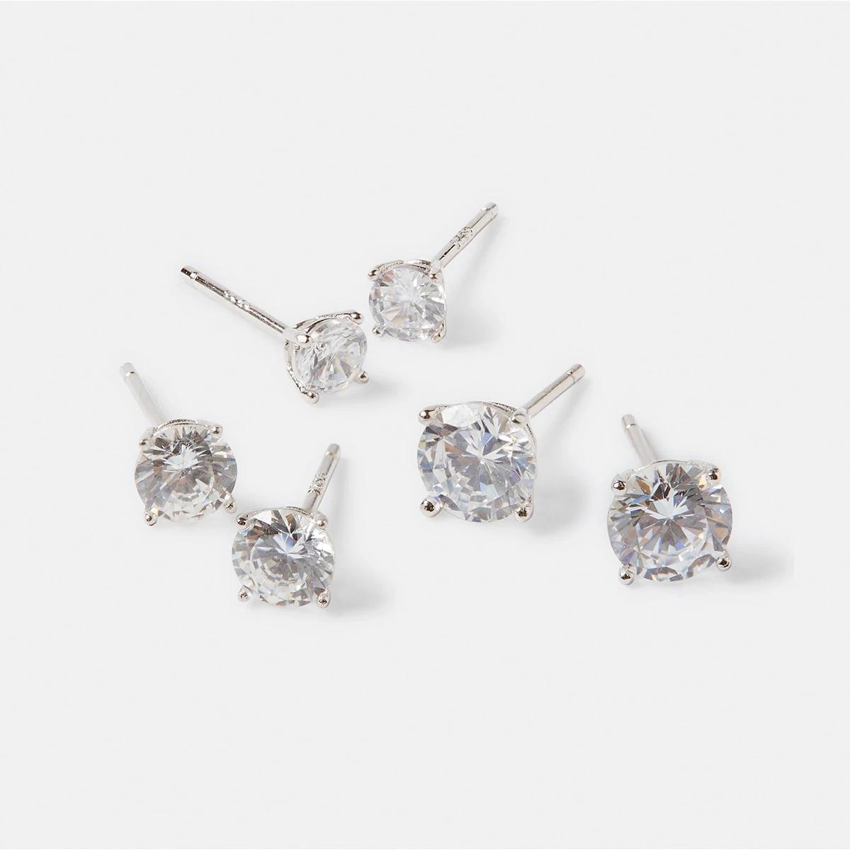 3 3 Pack Sterling Silver Diamante Stud Earrings Silver, 3 of 5