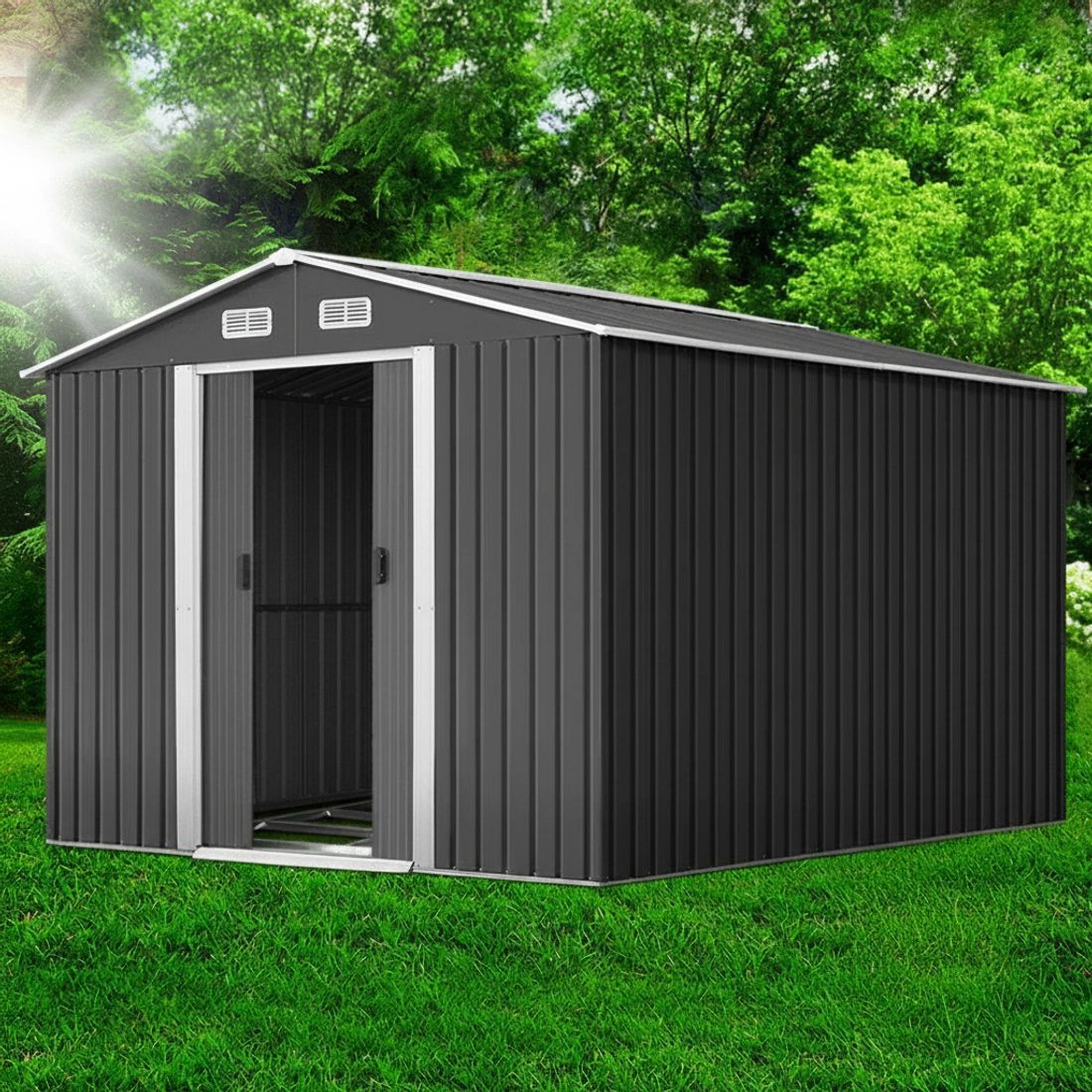 2 Giantz Garden Shed Metal Base Sheds Outdoor Storage Workshop Tool Shelter Sliding Door - Grey, 2 of 8