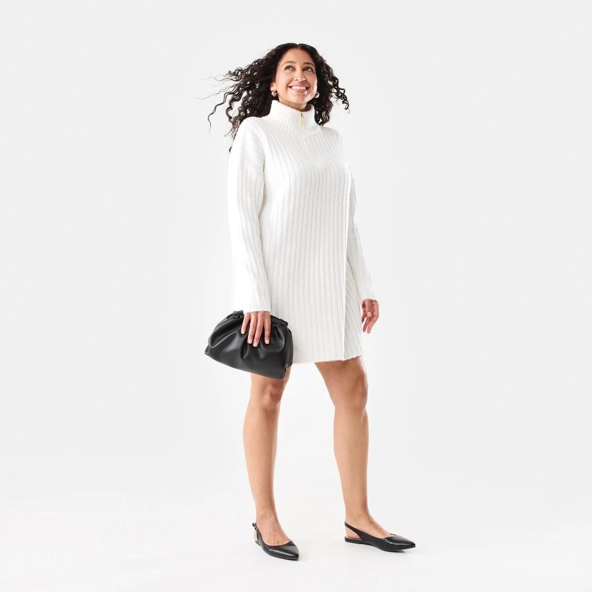 6 Long Sleeve Half Zip True Knit Mini Dress Ecru, 6 of 8