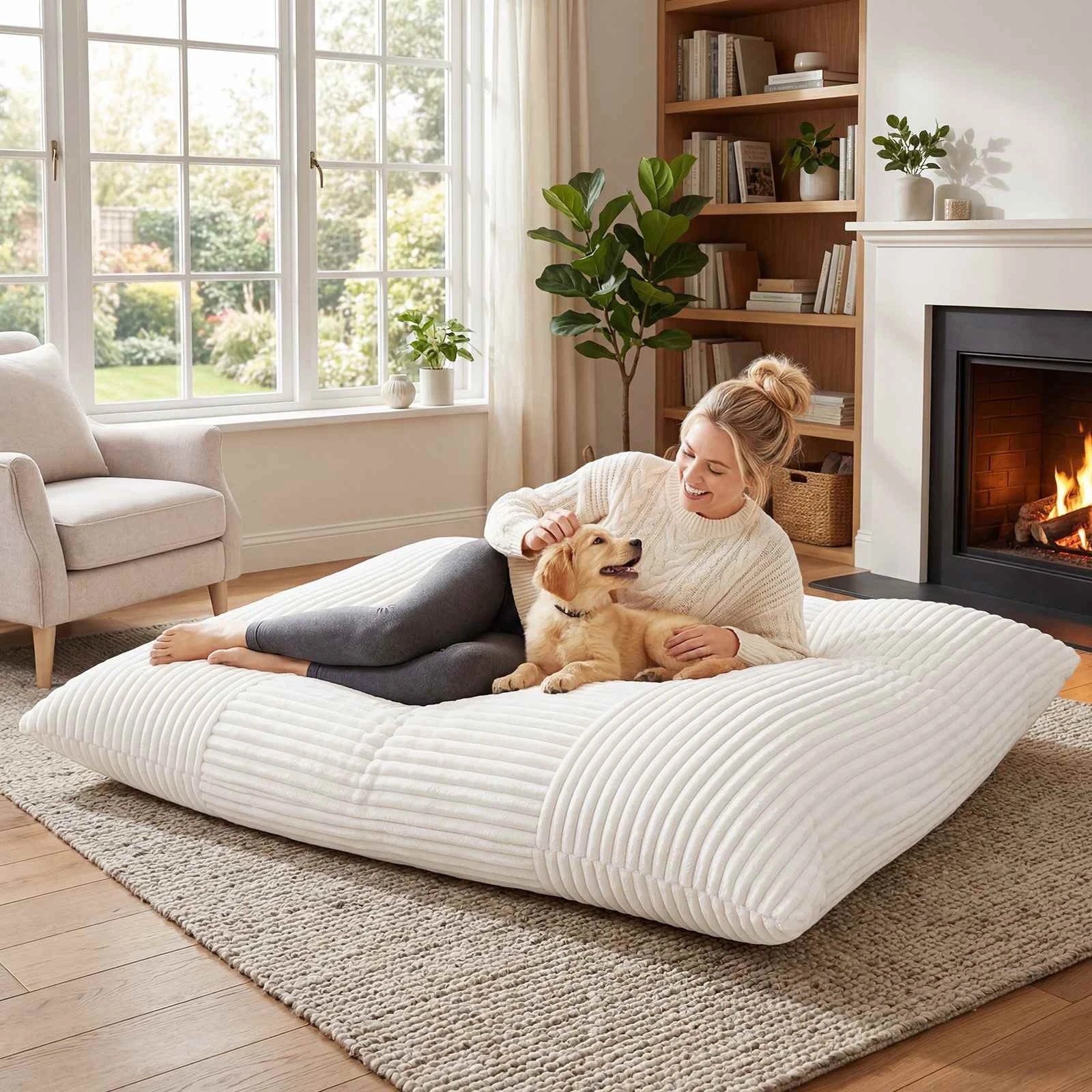 2 Costway Bean Bag Chair Convertible Floor Sofa Home Office Cushion w/Washable Cover - Beige, 2 of 4