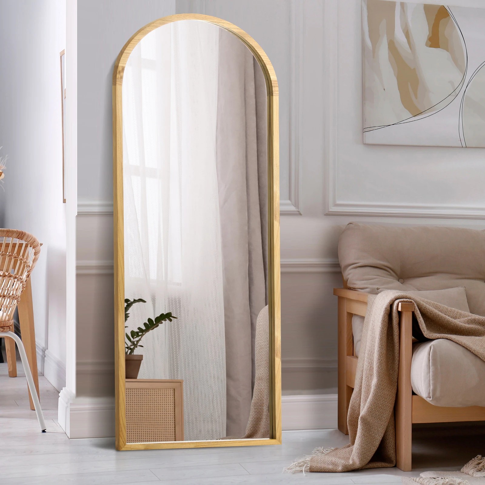 2 Oikiture Wooden Full Length Mirror 180x70cm Arched Dressing Floor Mirrors
 - Natural, 2 of 9