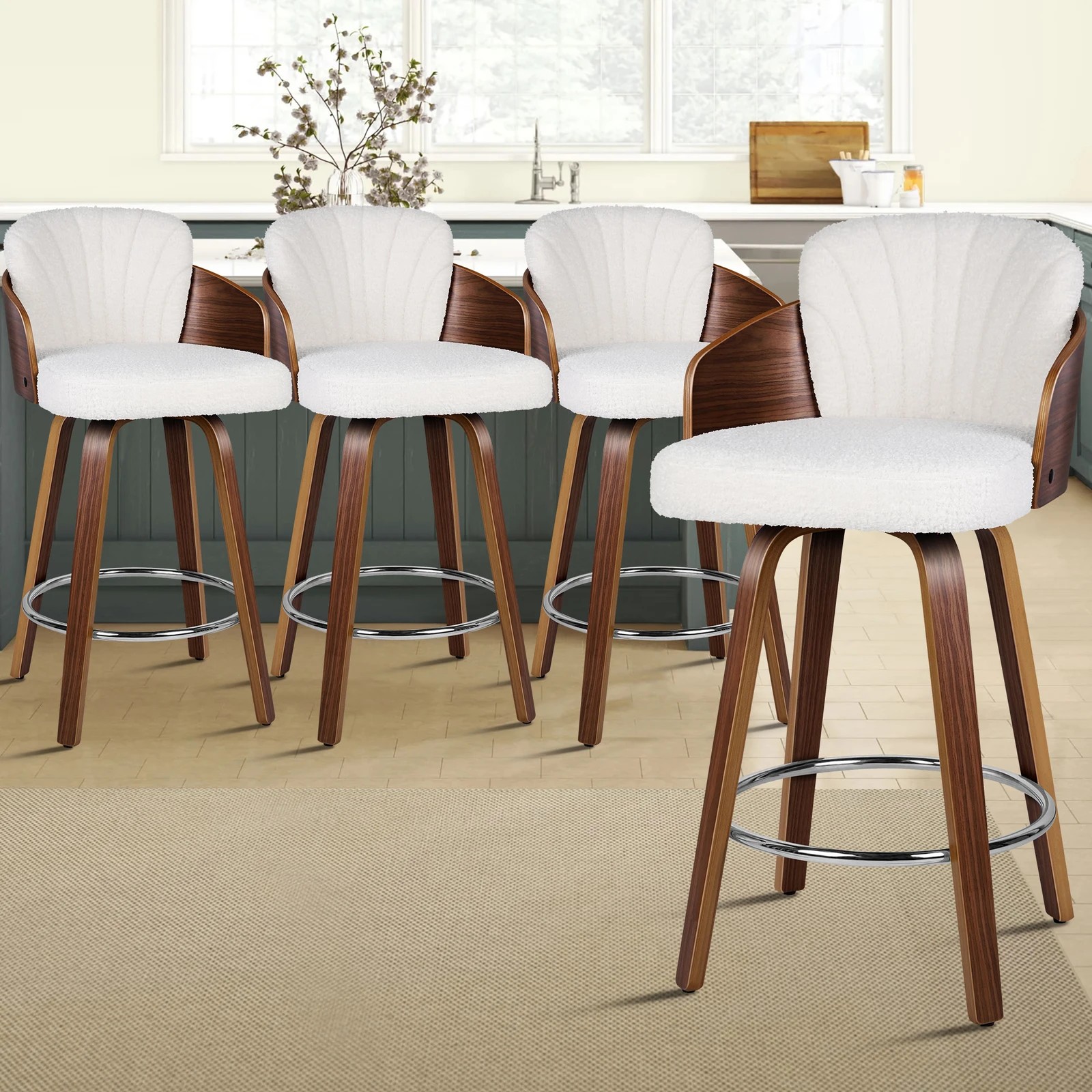 9 Alfordson 4x Swivel Bar Stools Alice Kitchen Wooden Dining Chair Boucle - White, 9 of 10