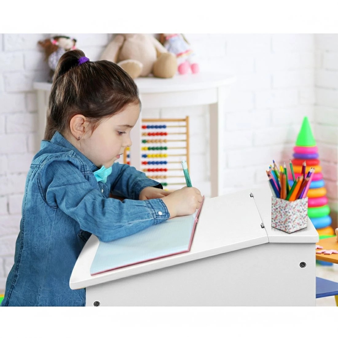 5 Keezi 2PCS Kids Table and Chairs Set Activity Children Playing Toys Study Desk - White, 5 of 8