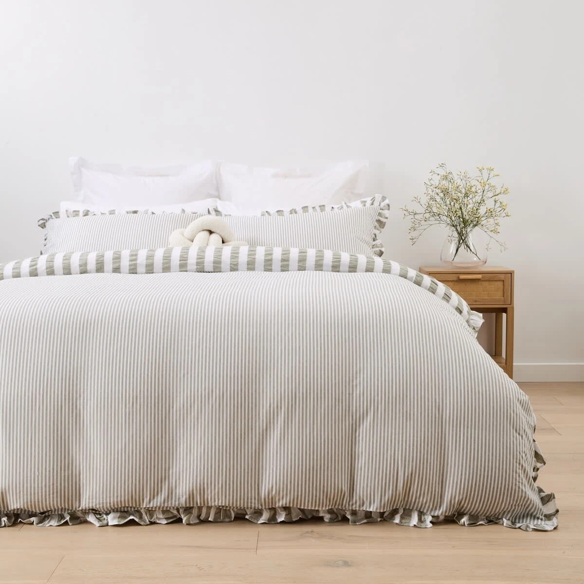 2 Ruffle Stripe Cotton Reversible Quilt Cover Set - Double Bed, Seagrass, 2 of 7