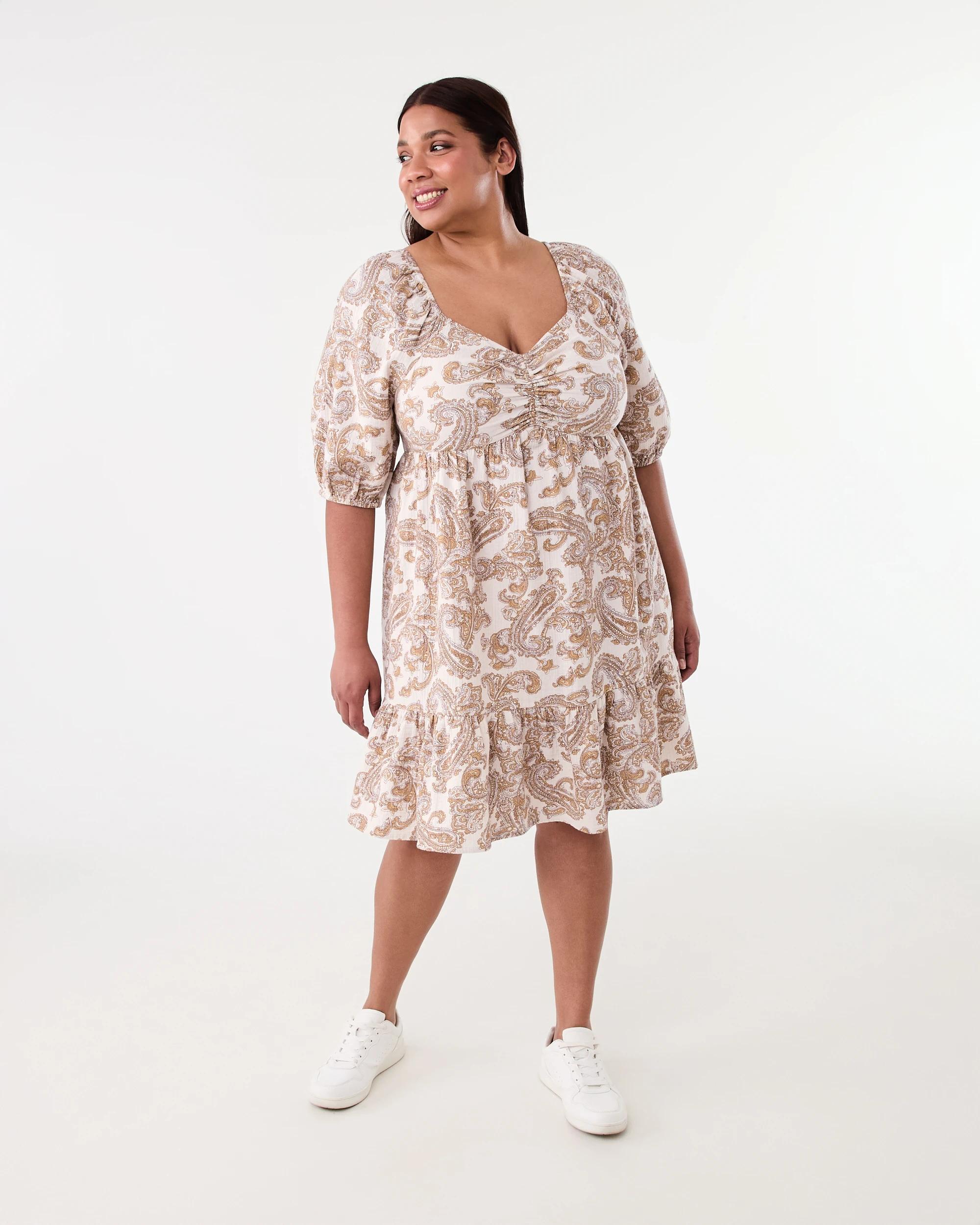 9 Curve Short Sleeve Gathered Front Midi Dress Bge Pais, 9 of 9