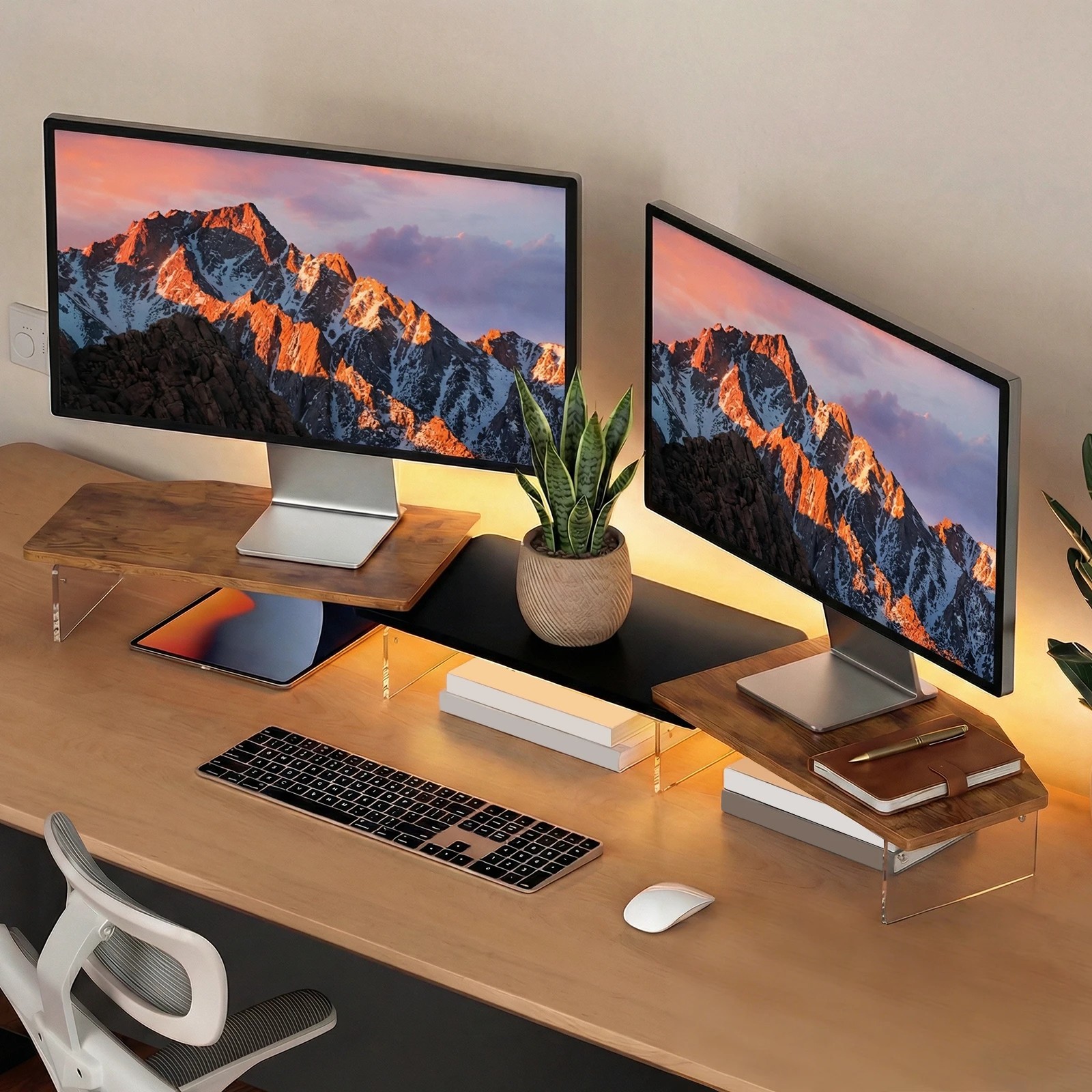 2 Advwin 113cm LED Dual Monitor Stand w/ Acrylic Leg Adjustable Brown, 2 of 7