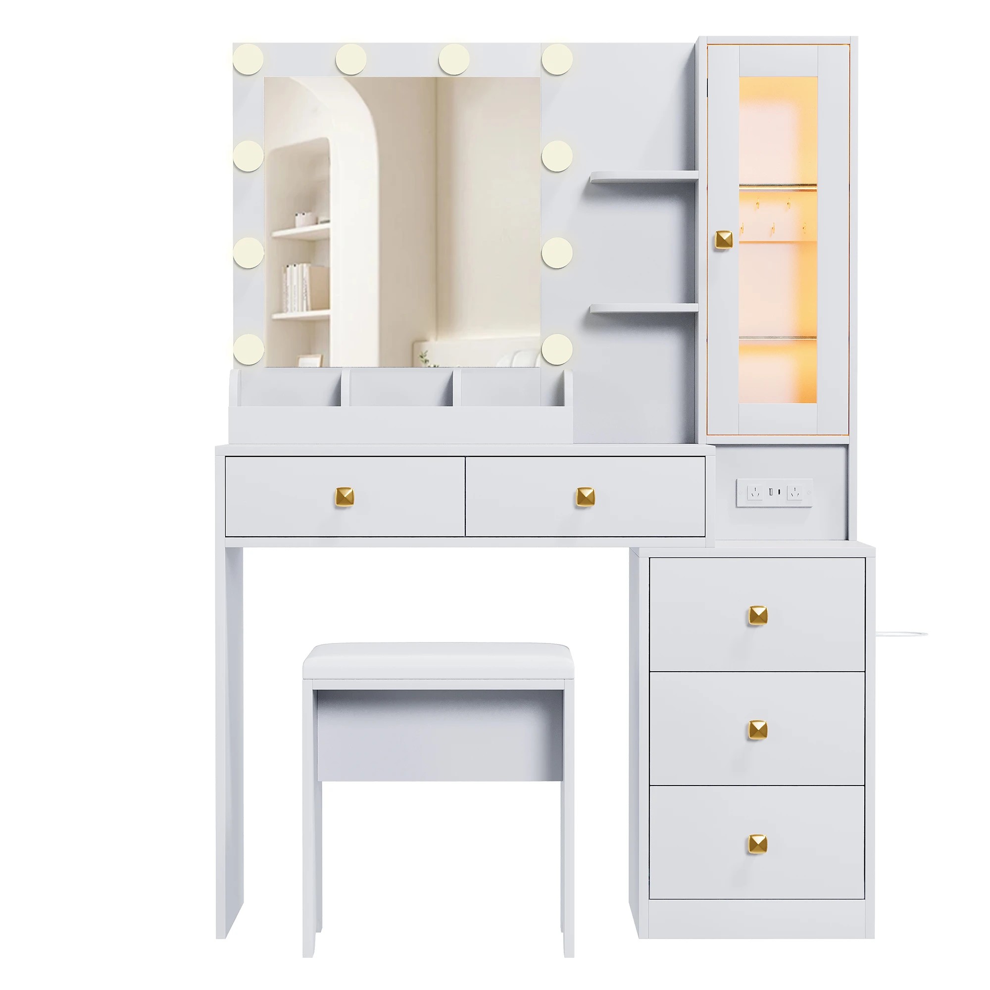 1 Advwin Dressing Table Makeup Mirror Stool Set with Charging Station LED Light - White, 1 of 9