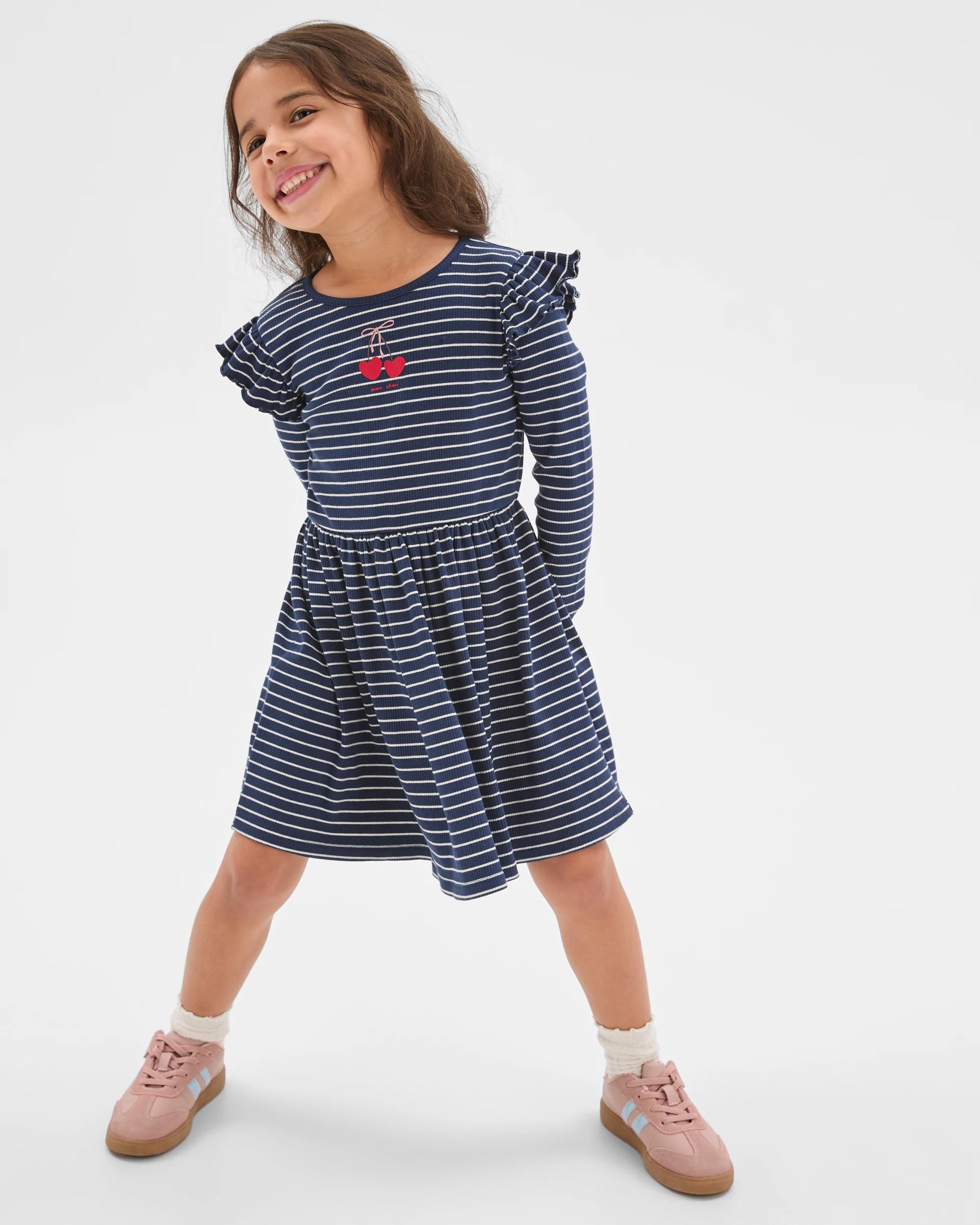 1 Target Kids Australian Cotton Long Flutter Sleeve Core Dress NAVY + WHITE, 1 of 6