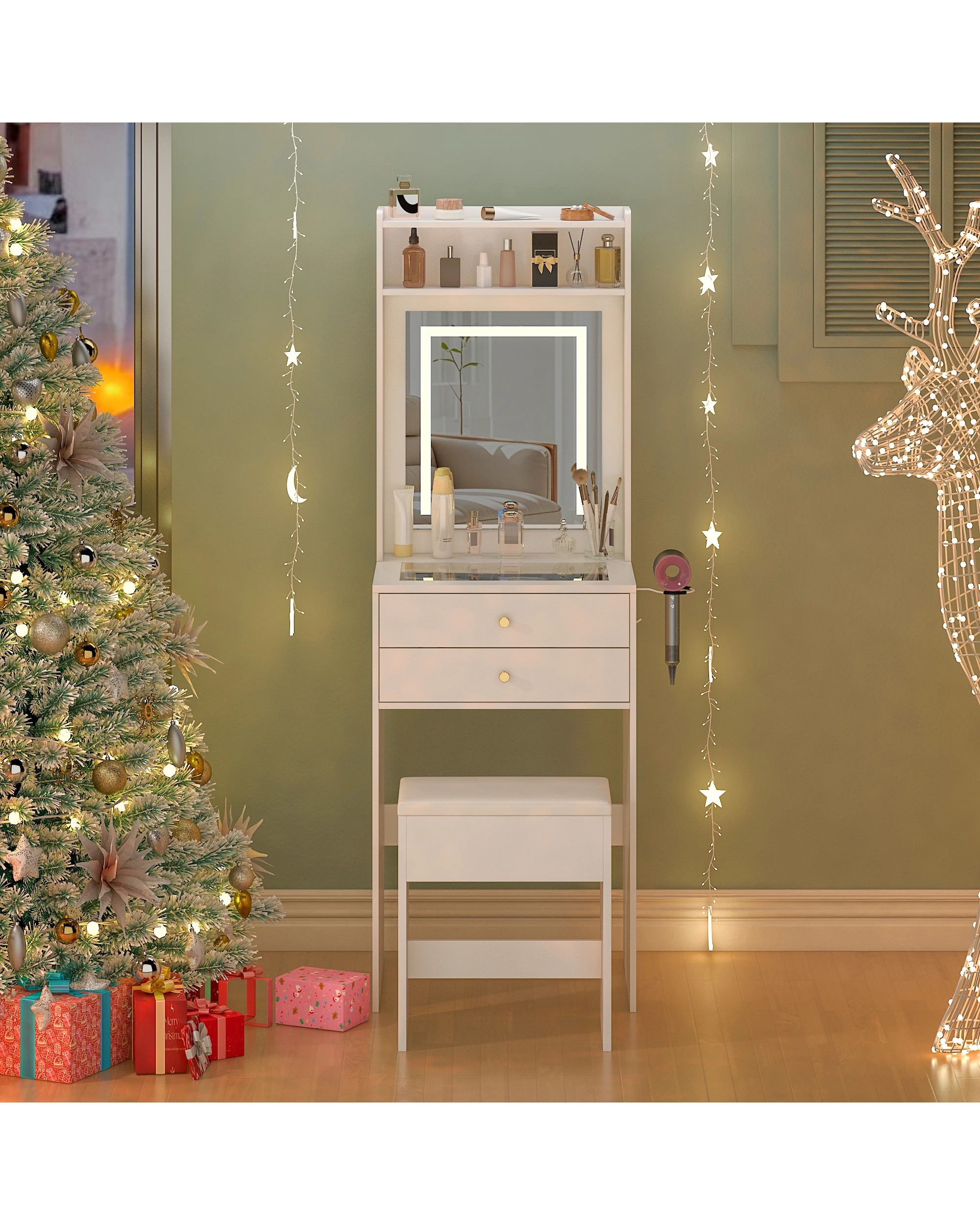 8 Advwin Dressing Table Set With Glass Desktop Makeup Desk Mirror Led Light Storage Drawers, 8 of 10