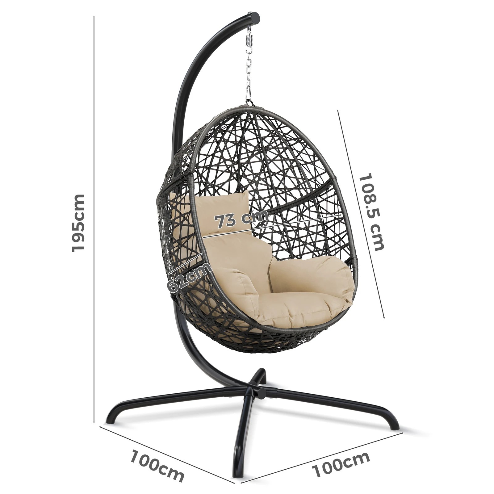 10 Alfordson Outdoor Egg Swing Chair Wicker Rattan Pod Basket Hanging Seat - Beige, 10 of 10