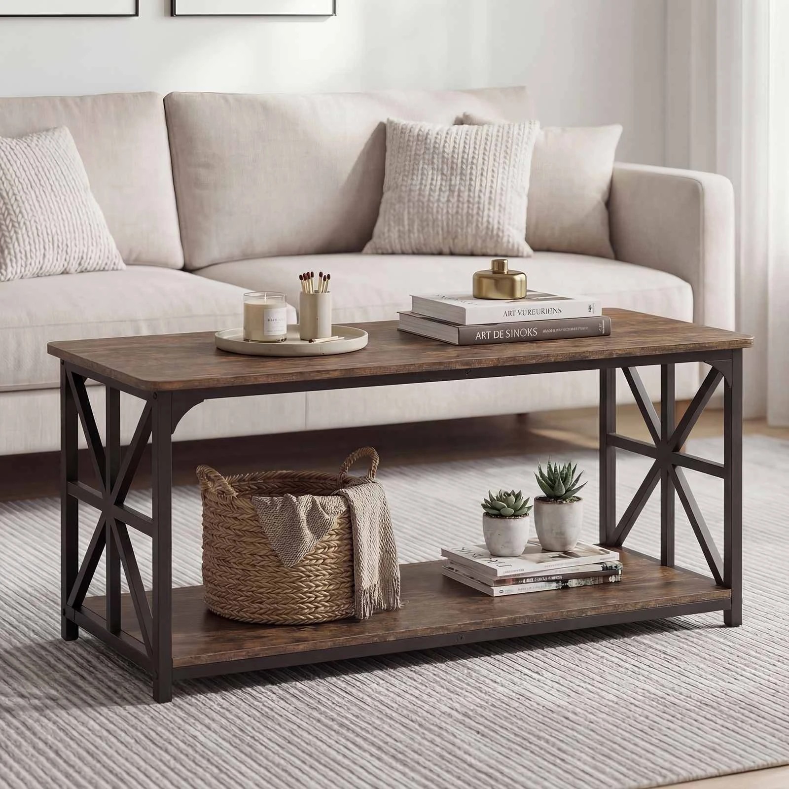 3 Costway 2-Tier Coffee Table Industrial Center Table X Side Frame - Brown, 3 of 4