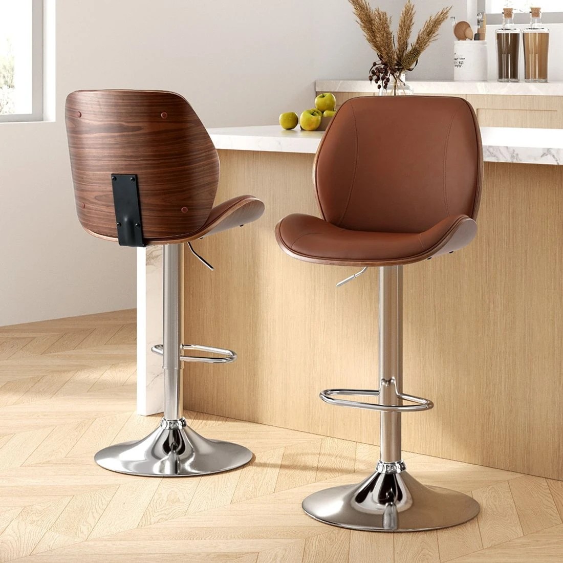 3 Artiss 2X Bar Stools Bentwood Adjustable Kitchen Counter Chair Leather - Brown, 3 of 5