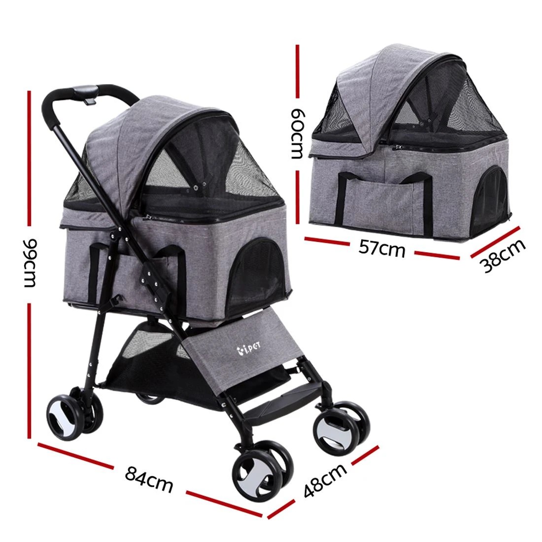 1 i.Pet Pet Stroller Dog Pram Cat Carrier Travel Large Pushchair Foldable 4 Wheels - Grey, 1 of 6