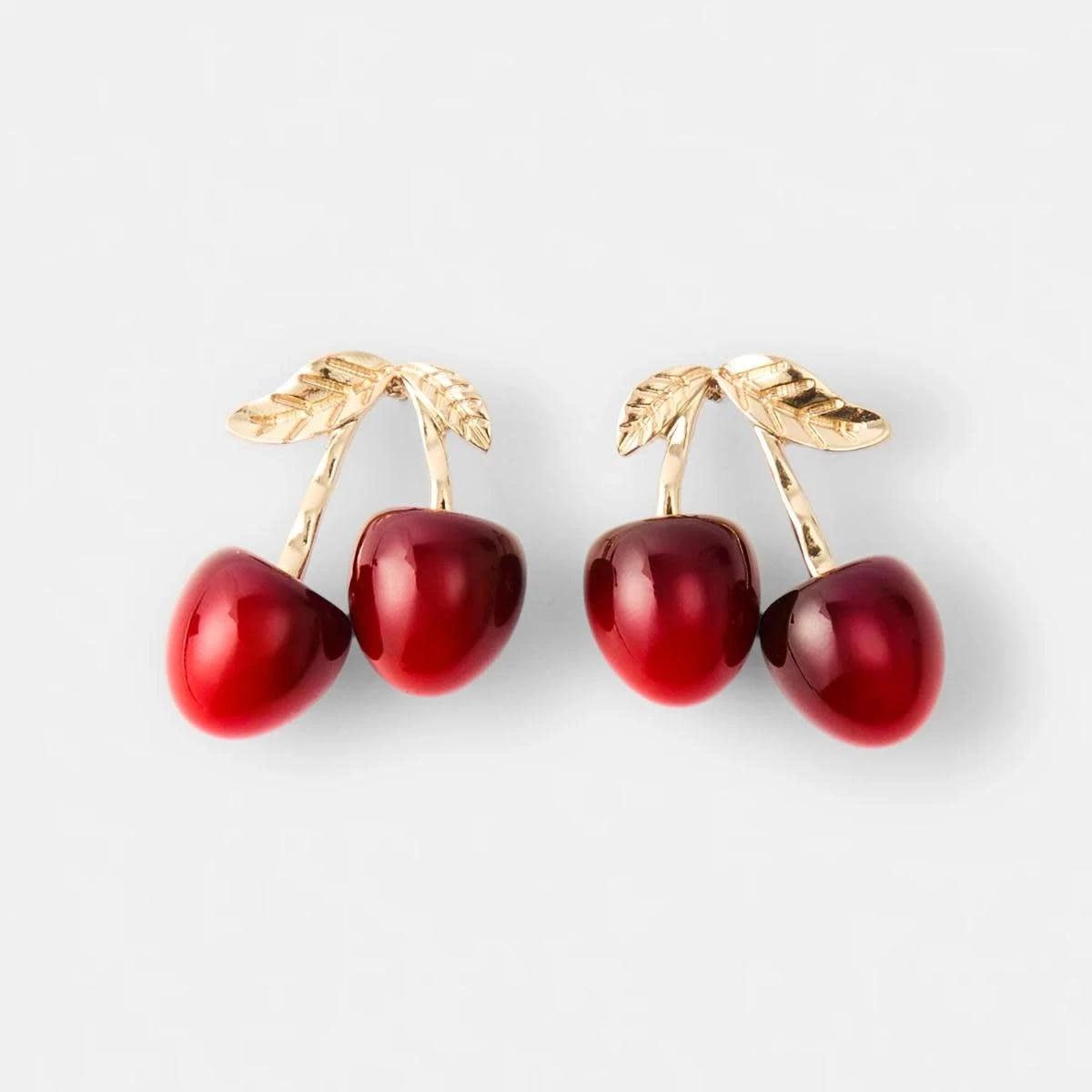 1 3D Cherry Stud Earrings - Red and Gold Tone BURGUNDY CHERRY, 1 of 5