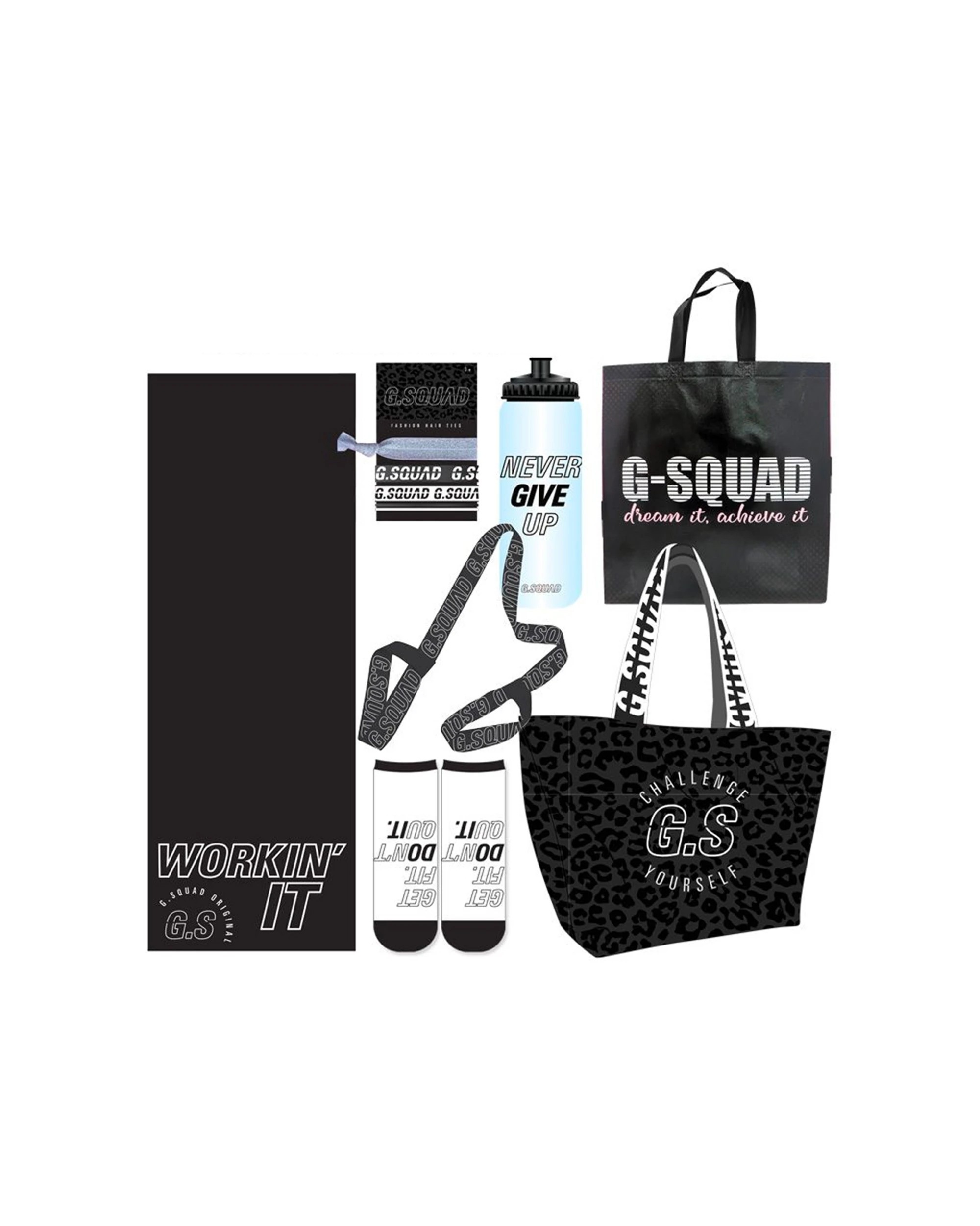 1 G-Squad Showbag 21 Yoga Mat Gym Bag Water Bottle Fitness Pack Hair Ties 1L - Multi, 1 of 9