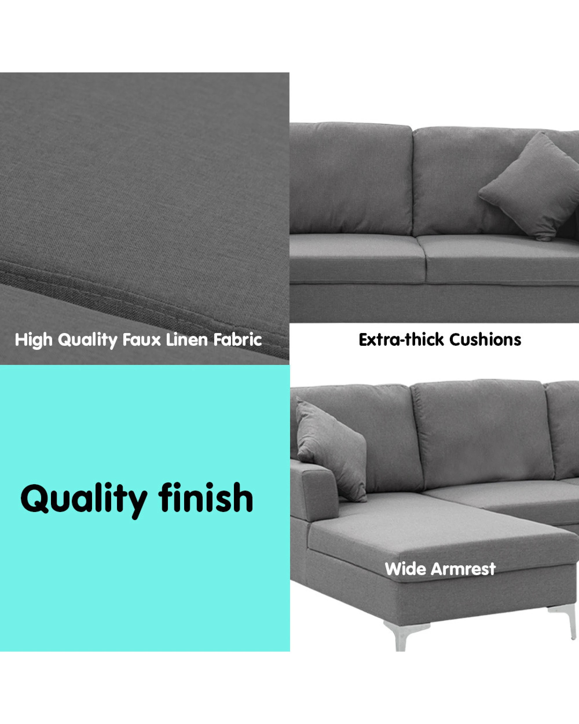 5 Sarantino Linen Corner Sofa Couch Lounge L-shape Right Chaise D.grey, 5 of 7