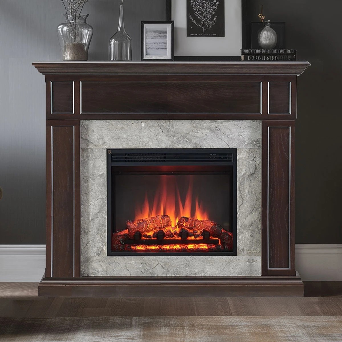 1 Moda Living Pearl Electric Fireplace Heater Espresso Oak Mantel Suite - Brown, 1 of 1