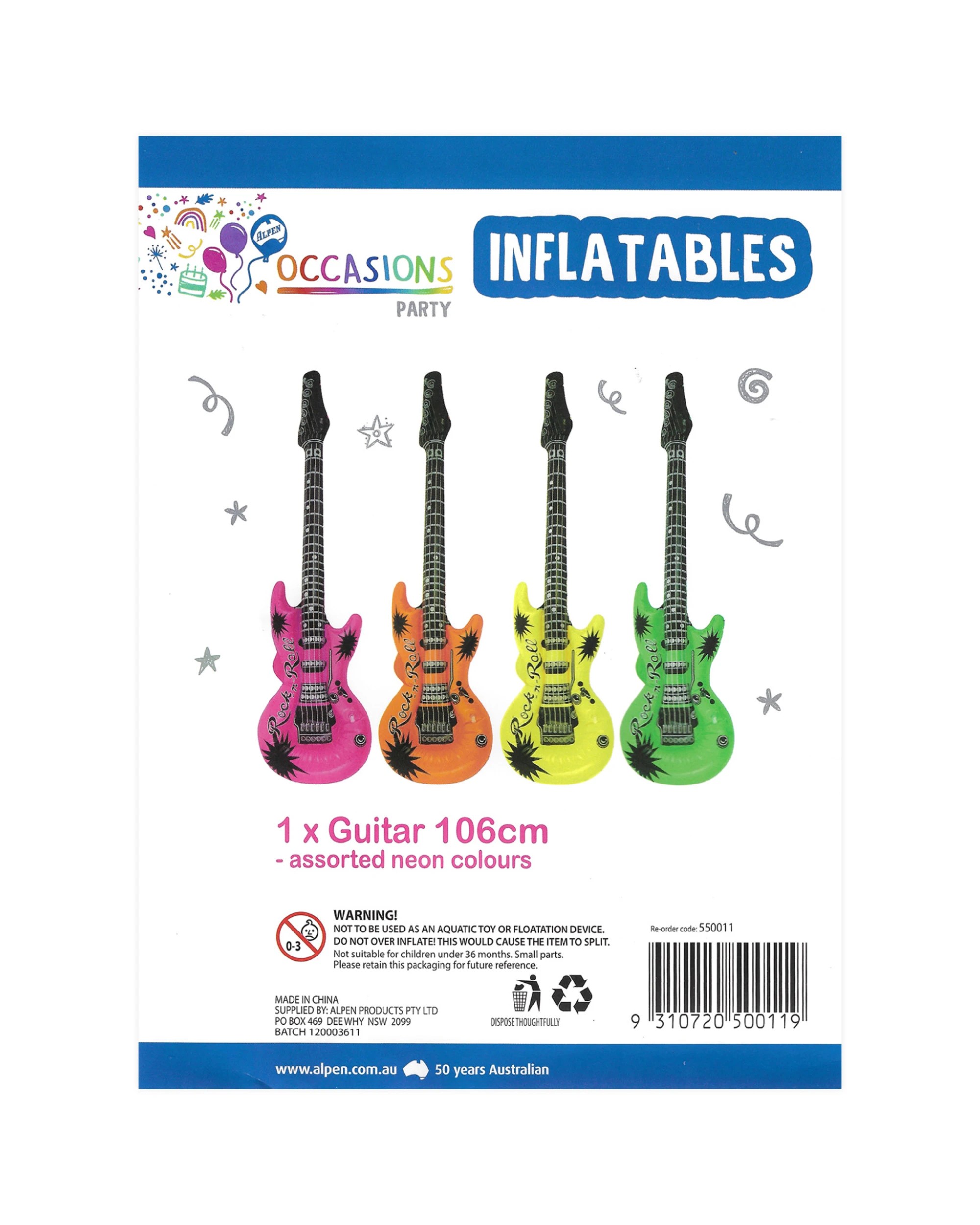 3 Alpen Inflatable Neon Guitar Assorted, 3 of 3