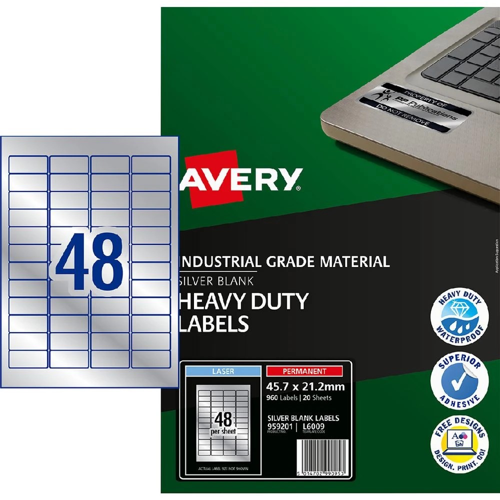 1 Avery 48UP Laser Heavy Duty ID Labels 20 Sheets Silver, 1 of 2