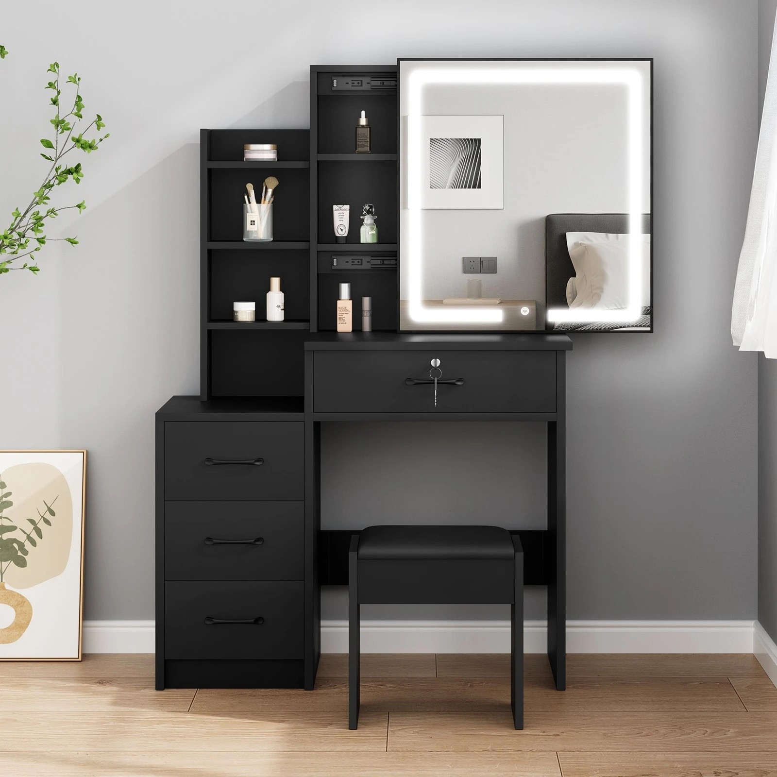 2 Alfordson Dressing Table Stool Set Makeup Mirror Vanity Desk Drawers - Black, 2 of 10