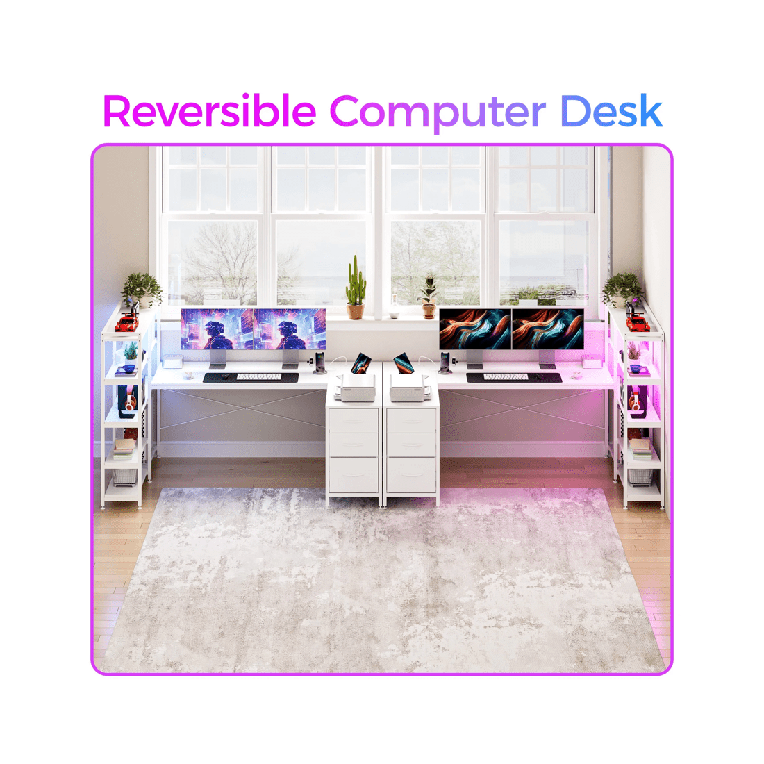 7 Advwin U Shaped Gaming Desk With Led Lights & Power Outlets Reversible 164cm Computer Desk With Bookshelf White, 7 of 10