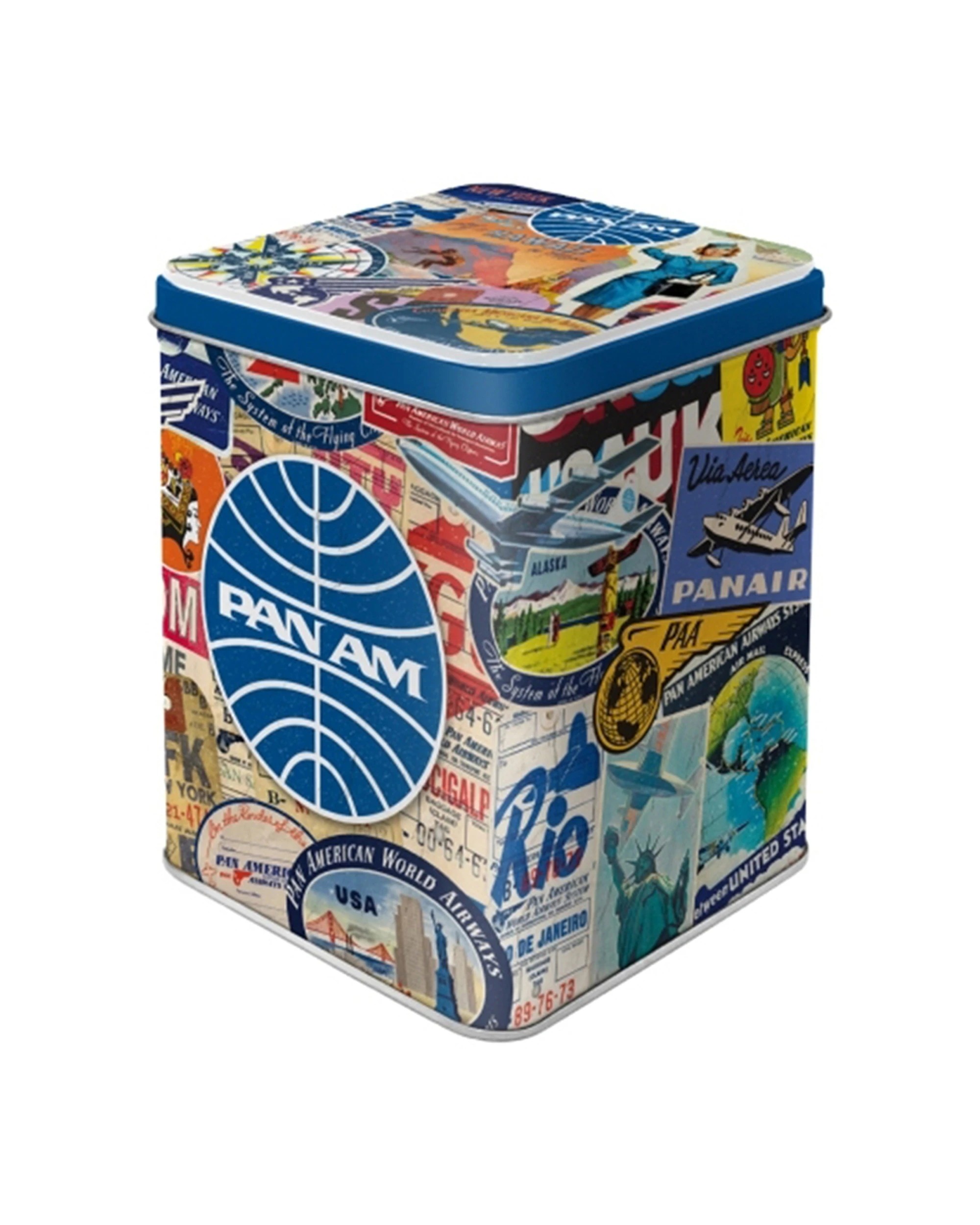 1 Nostalgic-Art Storage Tea Tin Pan - Am Travel Collage Embossed Matt Finish - Blue, 1 of 1
