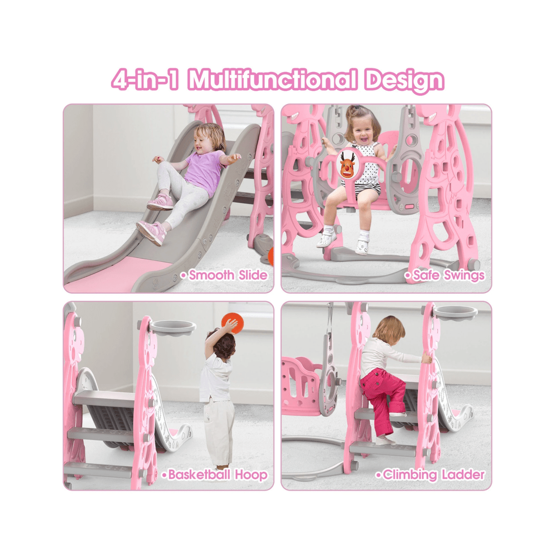 4 Advwin 4-in-1 Kids Slide Swing Set with Basketball Hoop Pink, 4 of 8