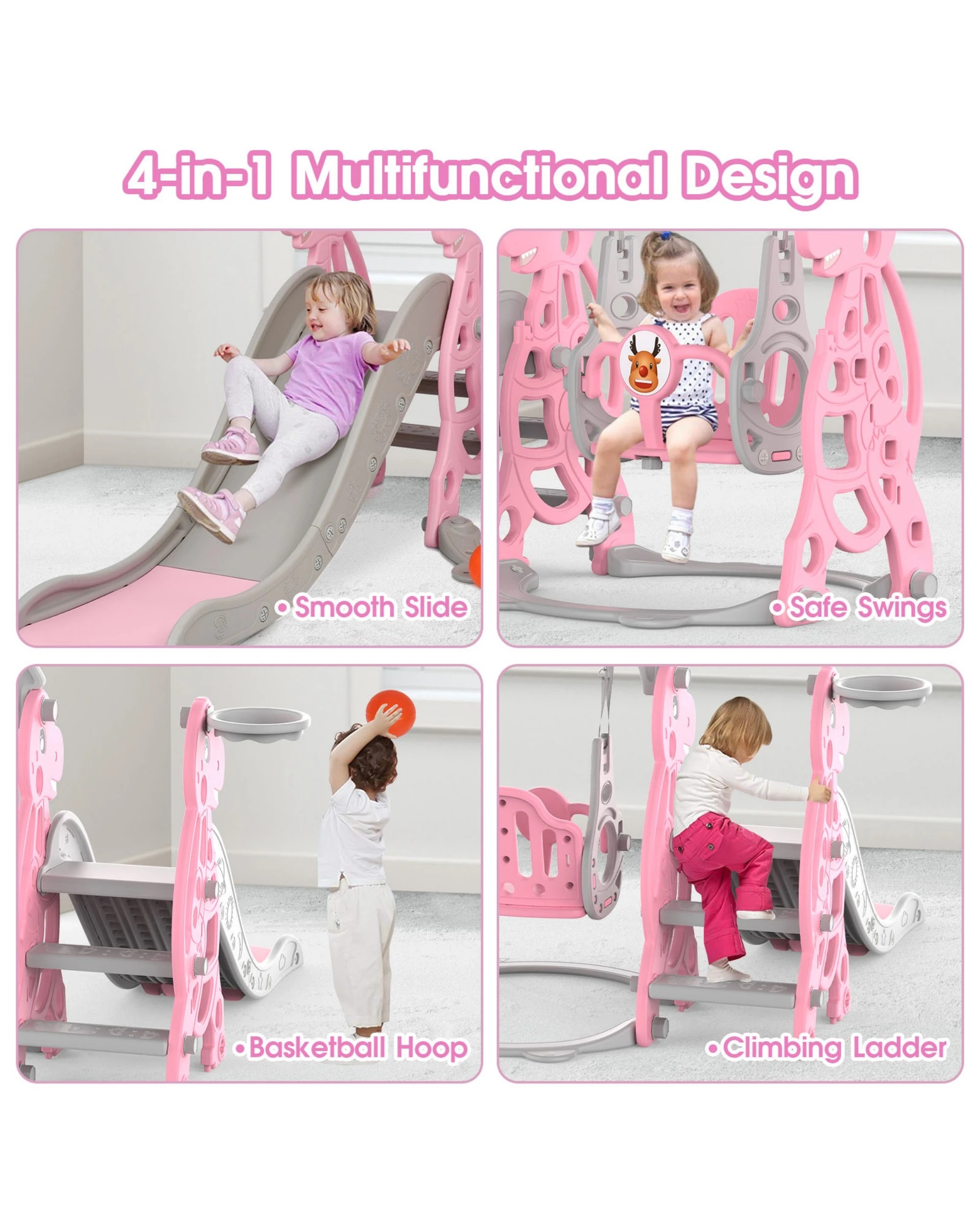 4 Advwin 4-in-1 Kids Slide Swing Set with Basketball Hoop Pink, 4 of 8
